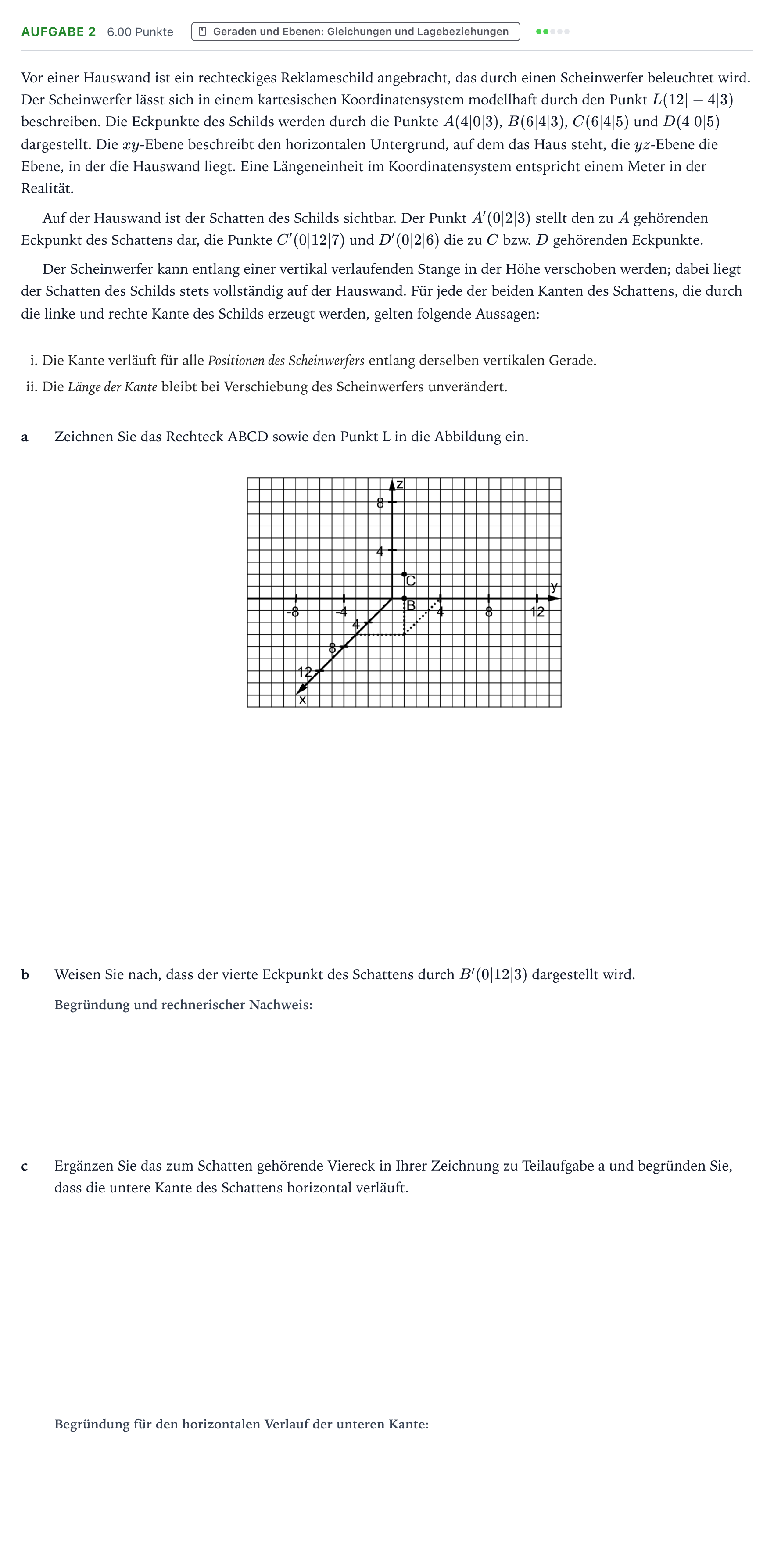 Aufgabenstellung: Aufgabe 2 – Geraden und Ebenen · Abitur NRW Mathematik GK · Teil B · Analytische Geometrie (CAS 2018