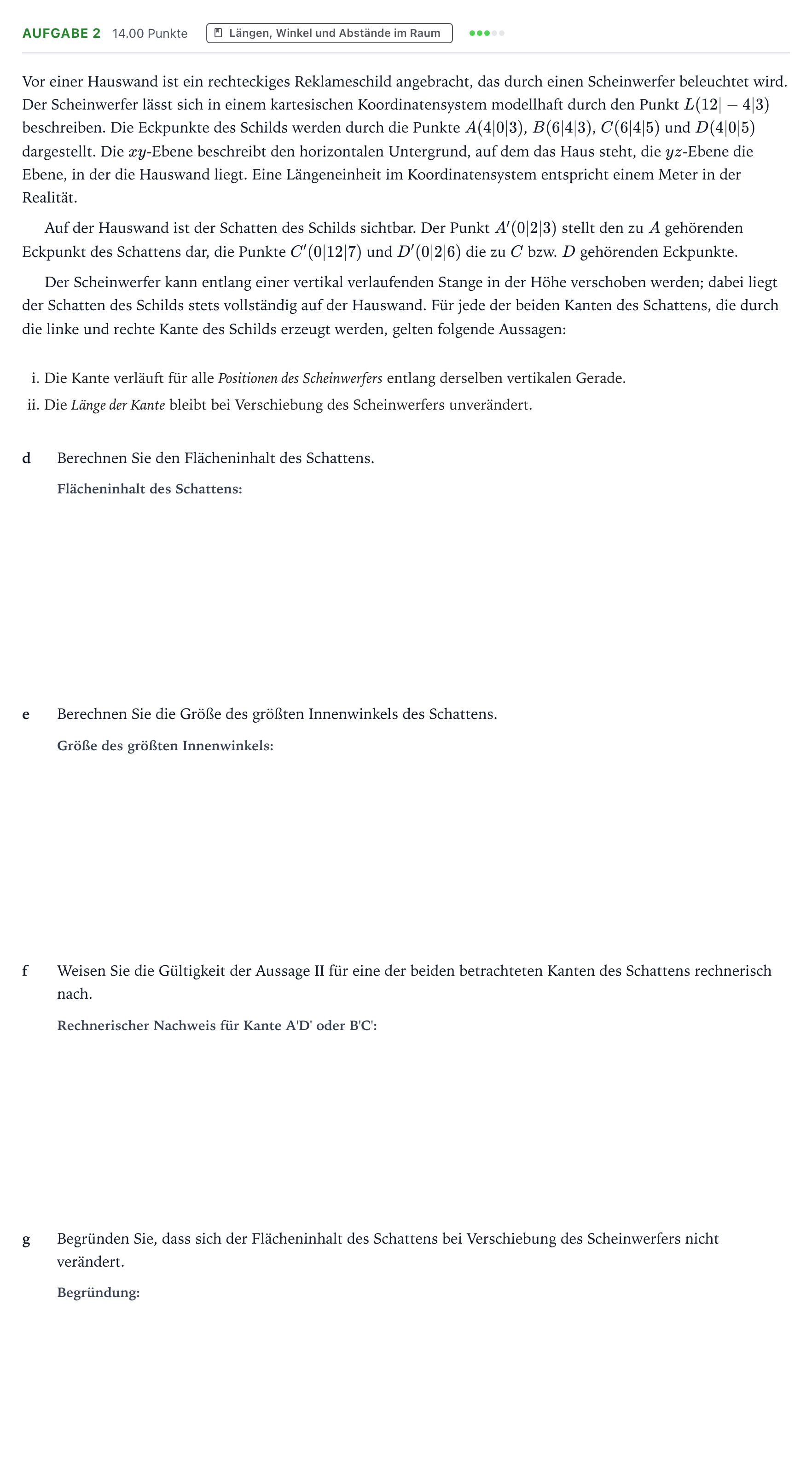 Aufgabenstellung: Aufgabe 2 – Längen, Winkel und Abstände im Raum · Abitur NRW Mathematik GK · Teil B · Analytische Geometrie (CAS 2018
