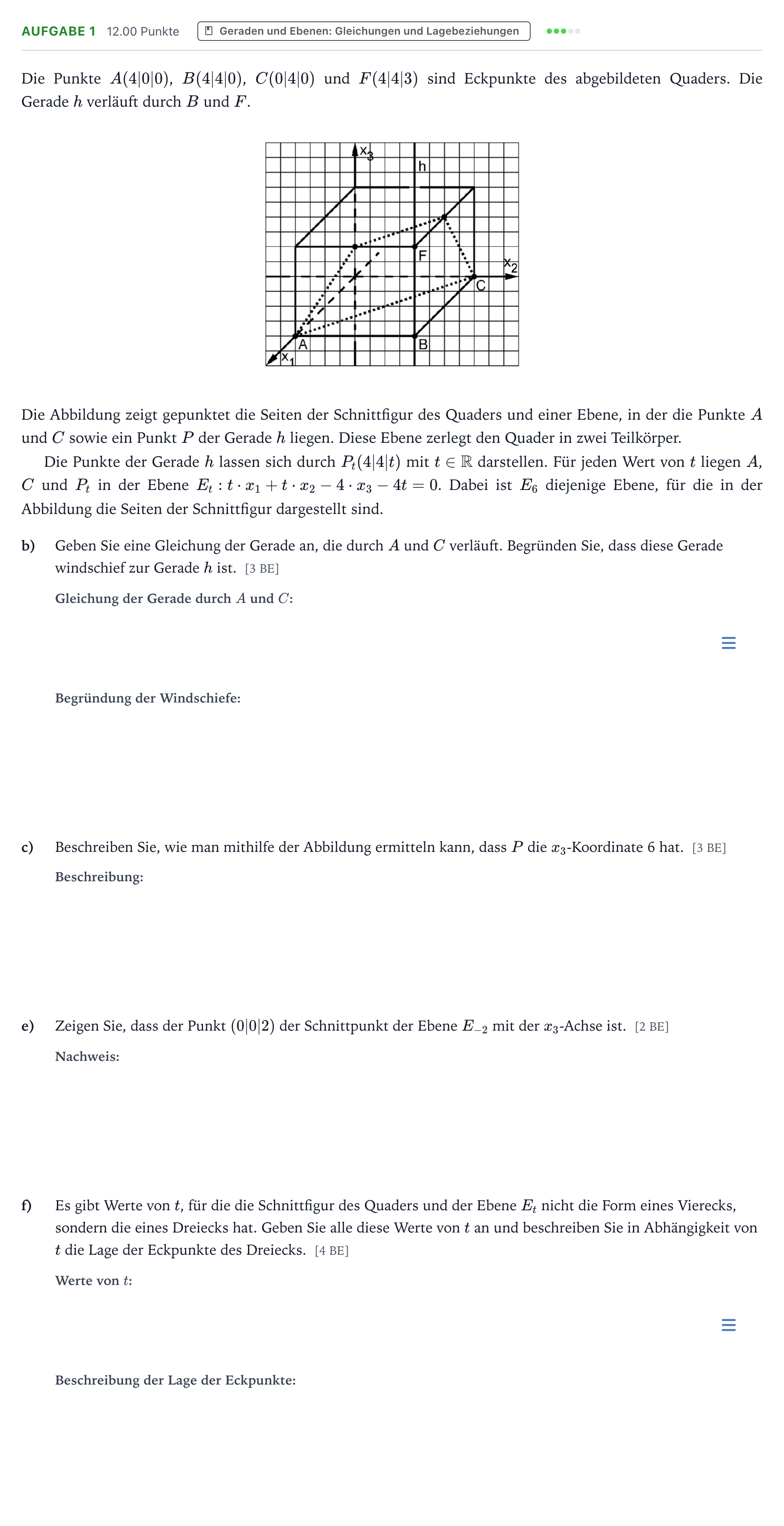 Aufgabenstellung: Aufgabe 1 - Geraden und Ebenen: Gleichungen und L… · Abitur NRW Mathematik GK · Teil B · Analytische Geometrie (WTR 2018