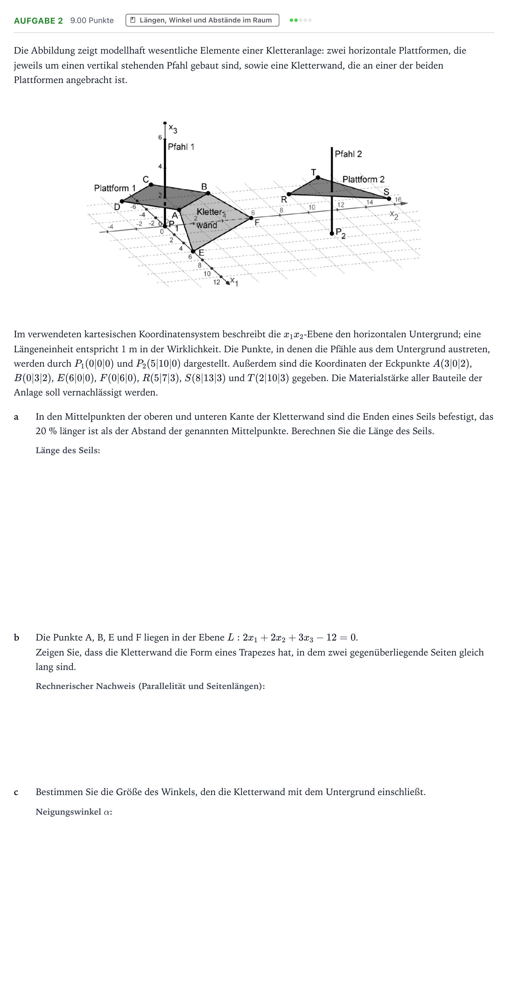 Aufgabenstellung: Aufgabe 2 - Längen, Winkel und Abstände im Raum · Abitur NRW Mathematik GK · Teil B · Analytische Geometrie (WTR 2018