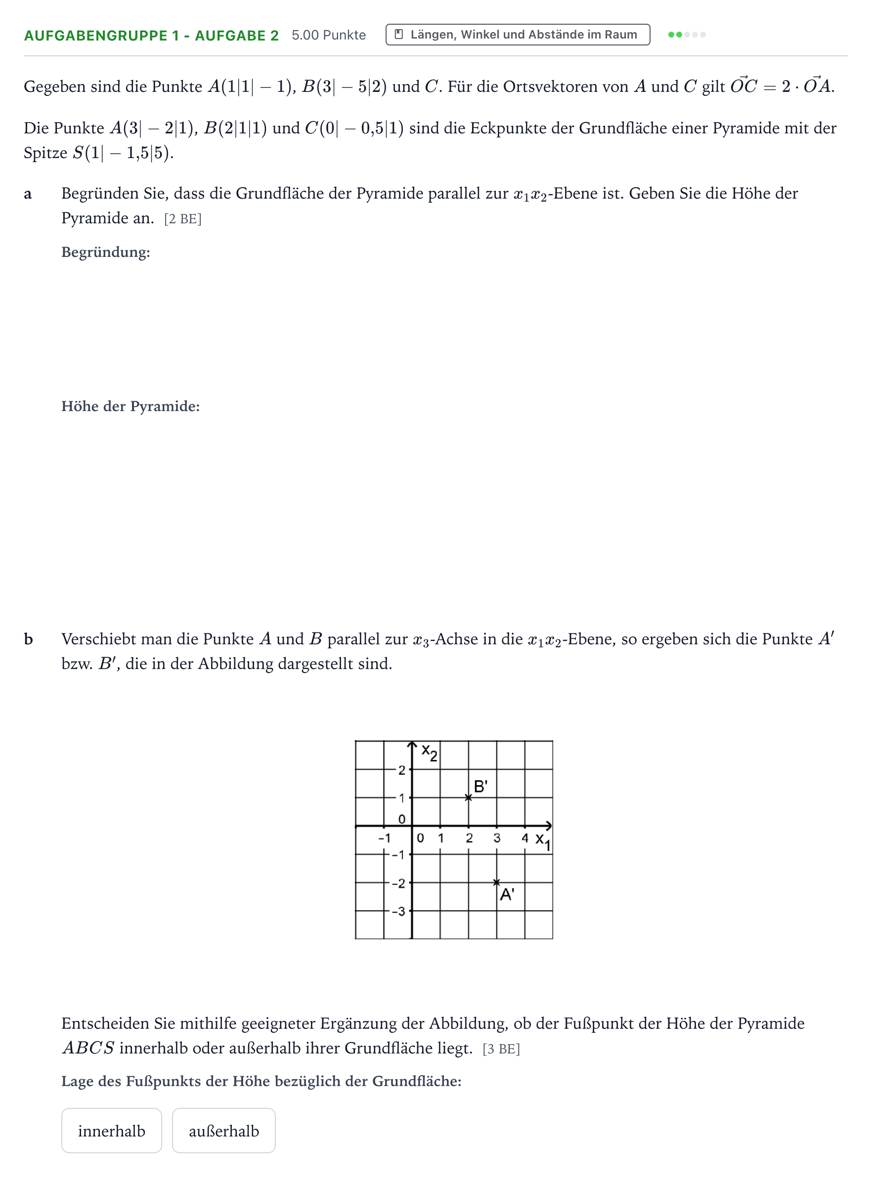 Aufgabenstellung: Aufgabengruppe 1 - Aufgabe 2 · Abitur NRW Mathematik GK · Teil A · Analytische Geometrie 2018
