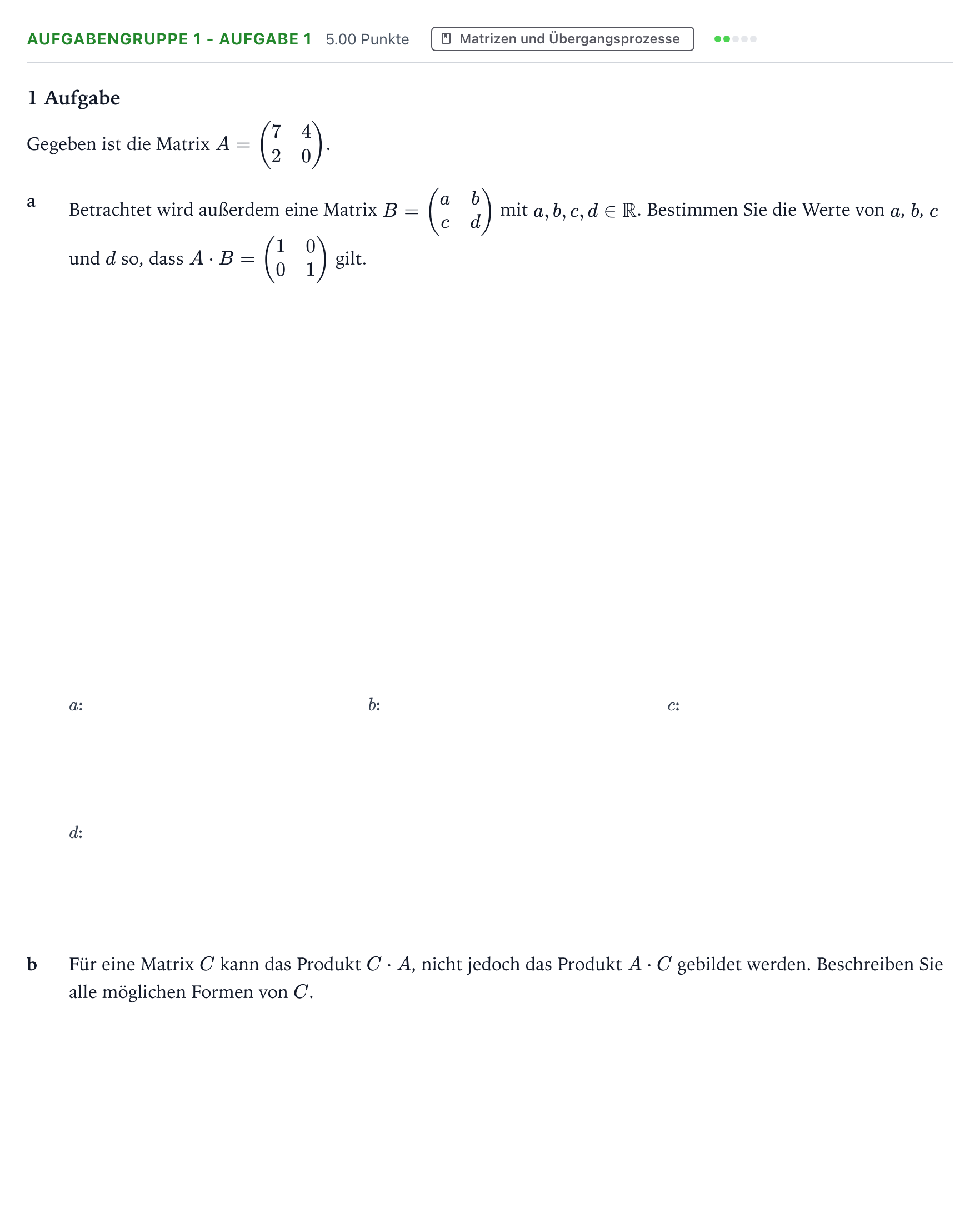 Aufgabenstellung: Aufgabengruppe 1 - Aufgabe 1 · Abitur NRW Mathematik GK · Teil A · Lineare Algebra 2018