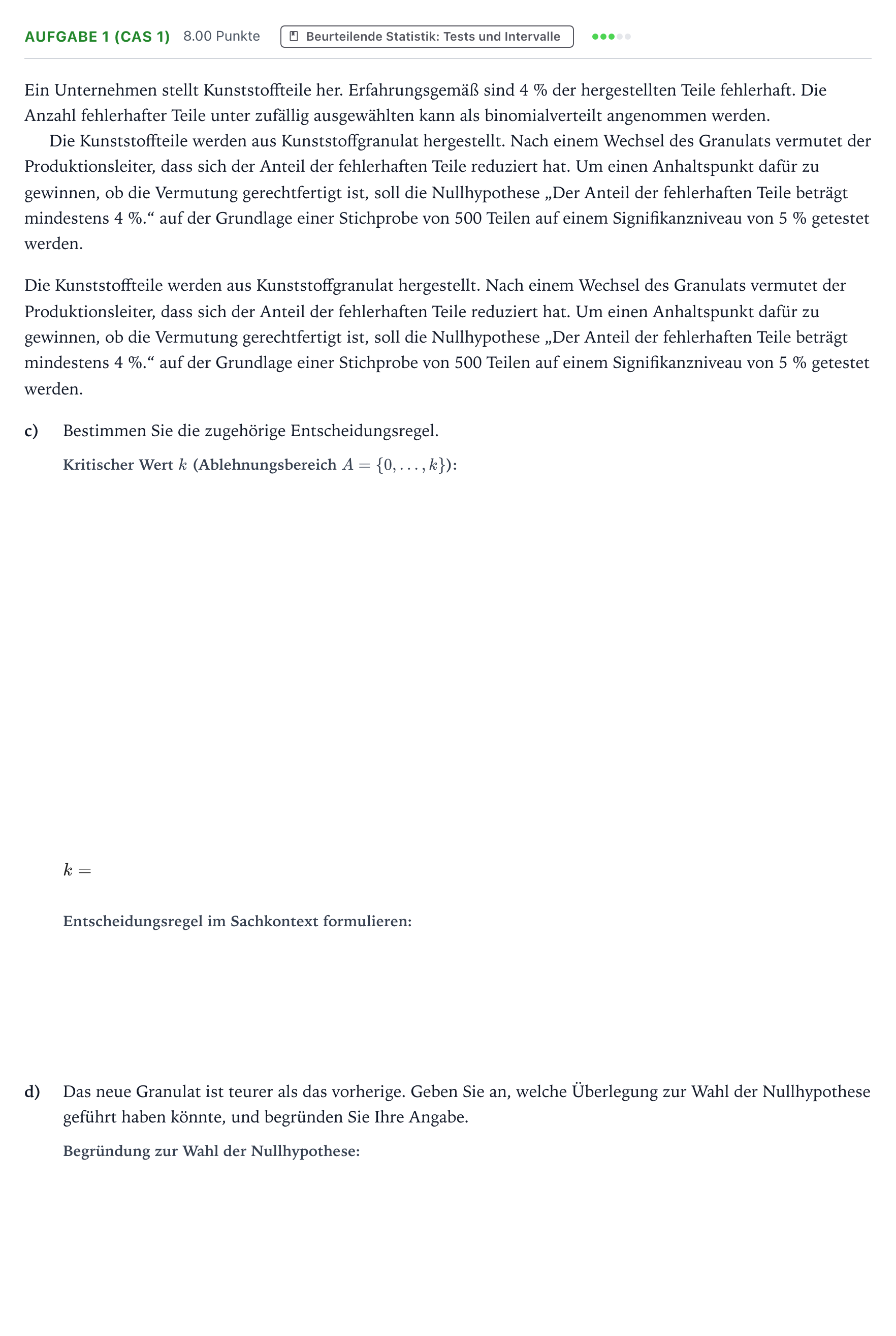 Aufgabenstellung: Aufgabe 1 (CAS 1) - Beurteilende Statistik · Abitur NRW Mathematik LK · Teil B · Stochastik (CAS) 2018