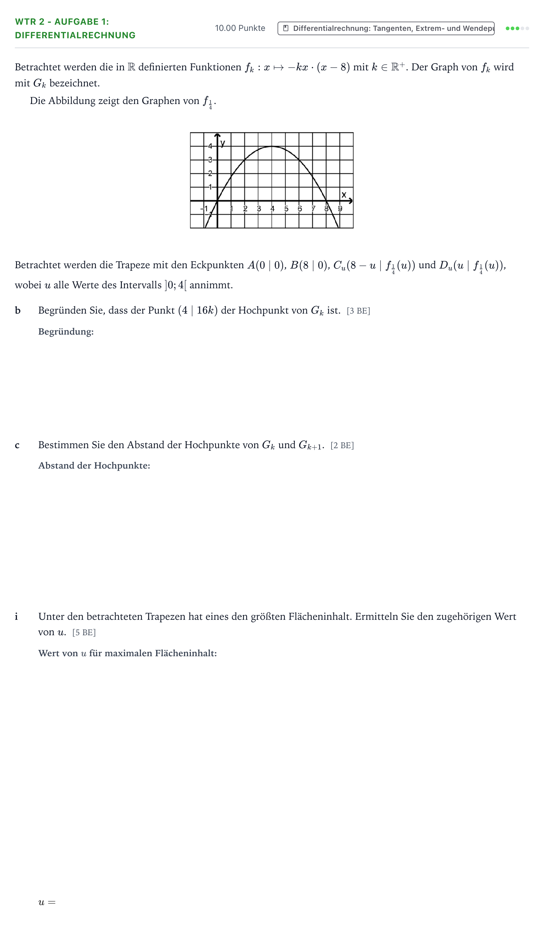 Aufgabenstellung: Aufgabe WTR 2 - Aufgabe 1: Differentialrechnung · Abitur NRW Mathematik GK · Teil B · Analysis (WTR) 2019