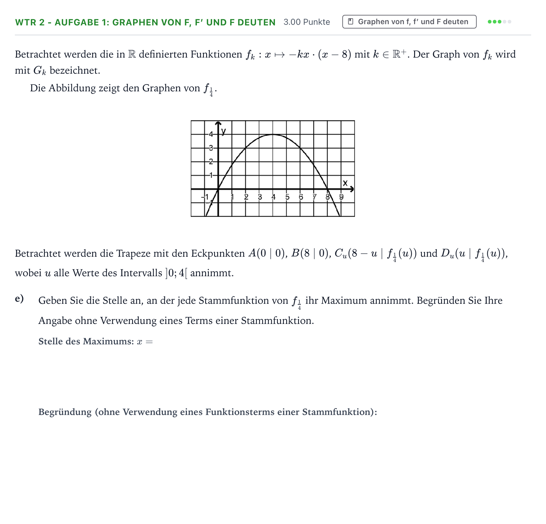 Aufgabenstellung: Aufgabe WTR 2 - Aufgabe 1: Graphen von f, f′ und F deuten · Abitur NRW Mathematik GK · Teil B · Analysis (WTR) 2019