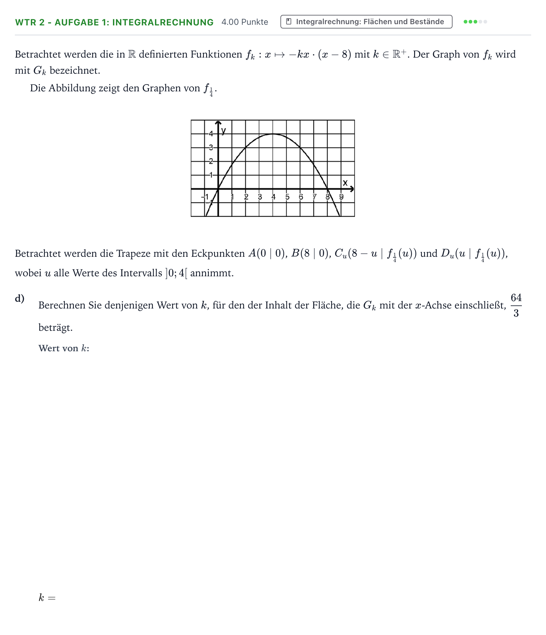 Aufgabenstellung: Aufgabe WTR 2 - Aufgabe 1: Integralrechnung · Abitur NRW Mathematik GK · Teil B · Analysis (WTR) 2019
