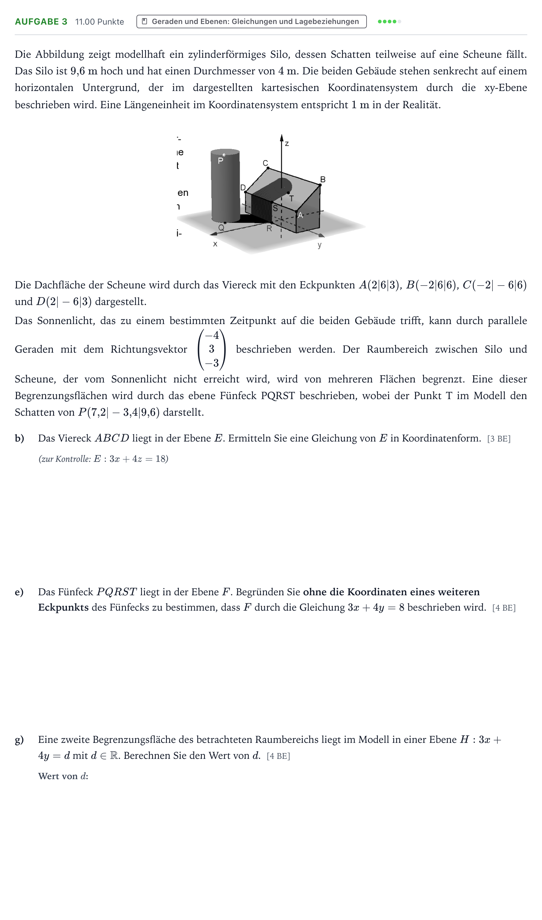 Aufgabenstellung: Aufgabe 3 - Geraden und Ebenen · Abitur NRW Mathematik LK · Teil B · Analytische Geometrie (WTR 2019