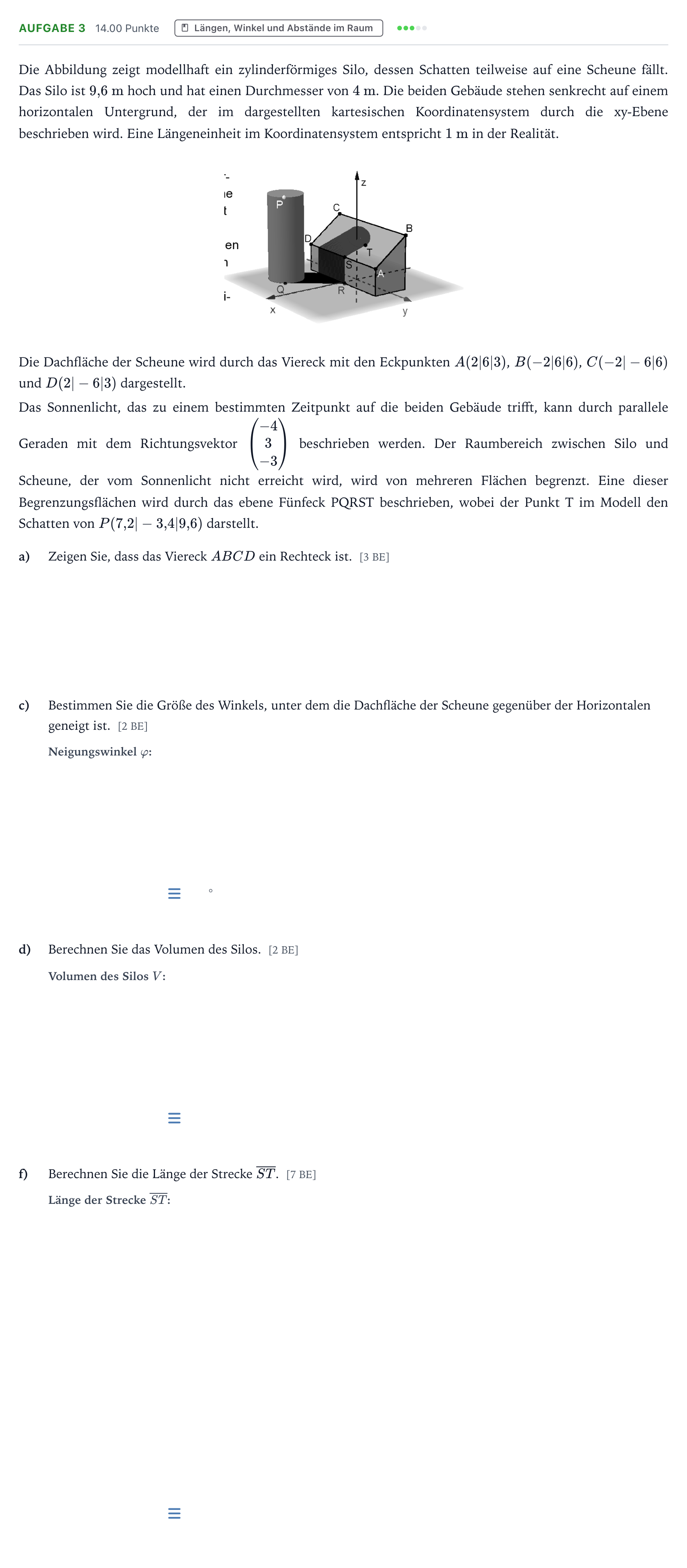 Aufgabenstellung: Aufgabe 3 - Längen, Winkel und Abstände im Raum · Abitur NRW Mathematik LK · Teil B · Analytische Geometrie (WTR 2019