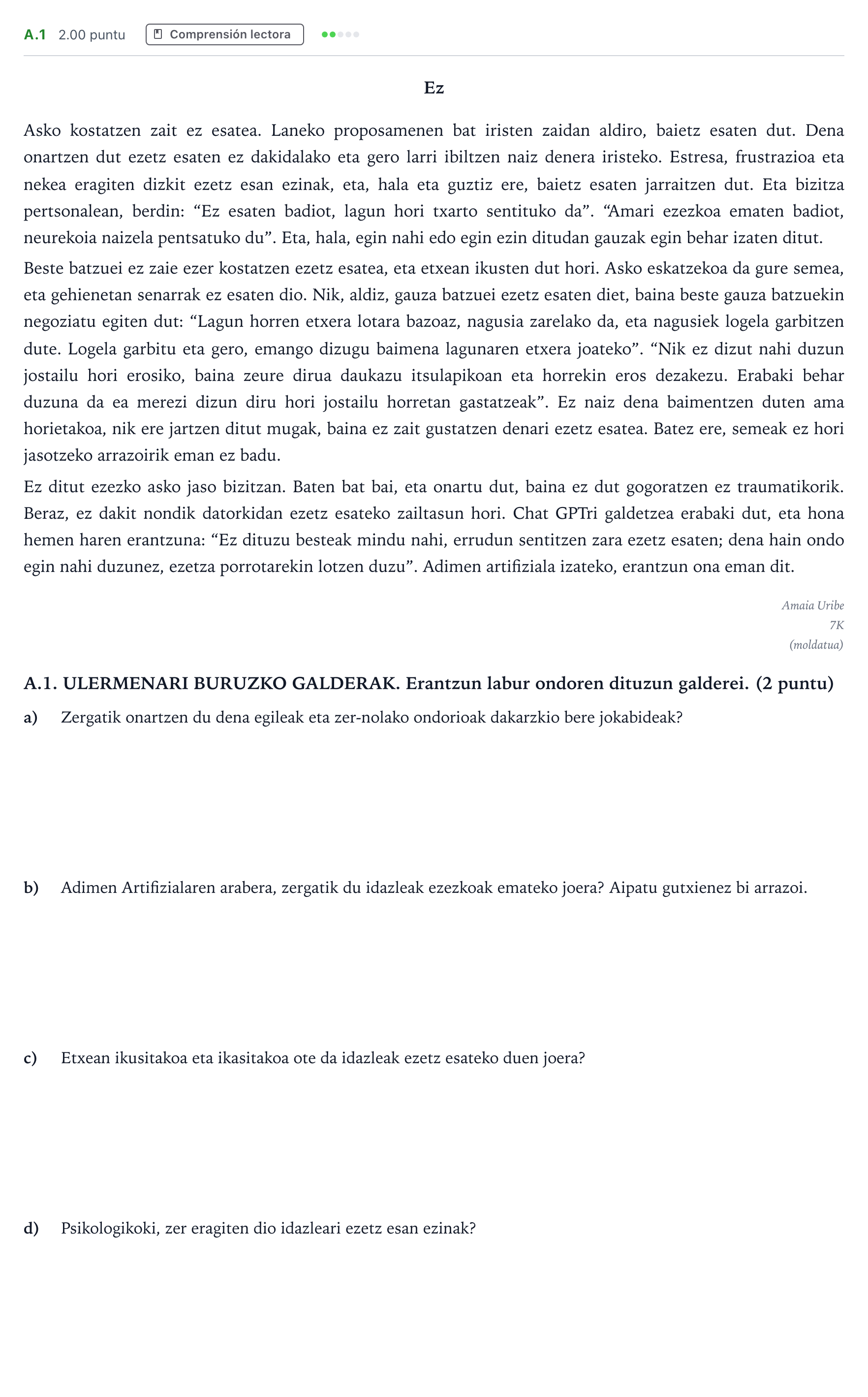 Enunciado: Ejercicio A.1 · Lengua Vasca y Literatura II PAU País Vasco Extraordinaria 2026