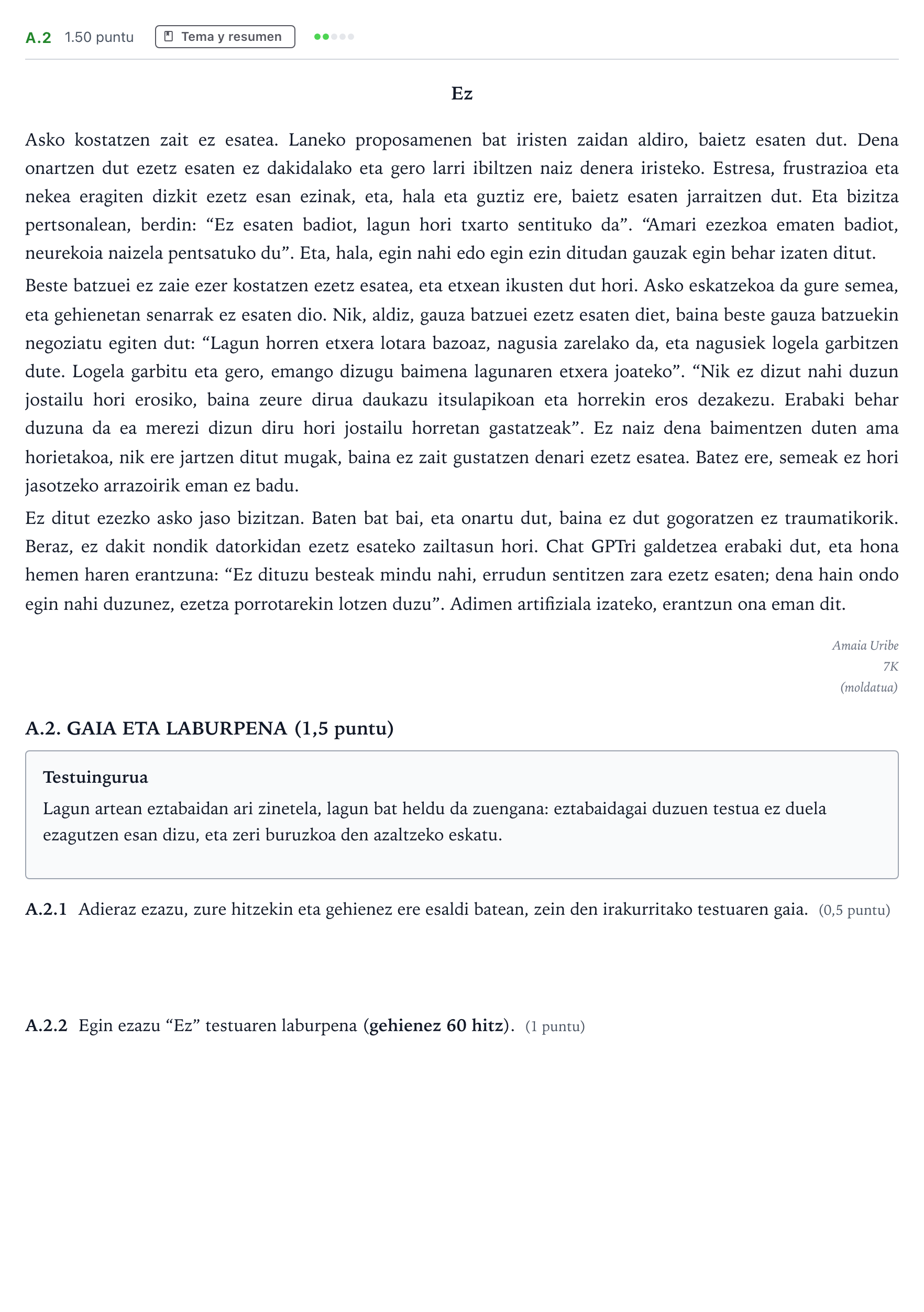 Enunciado: Ejercicio A.2 · Lengua Vasca y Literatura II PAU País Vasco Extraordinaria 2026