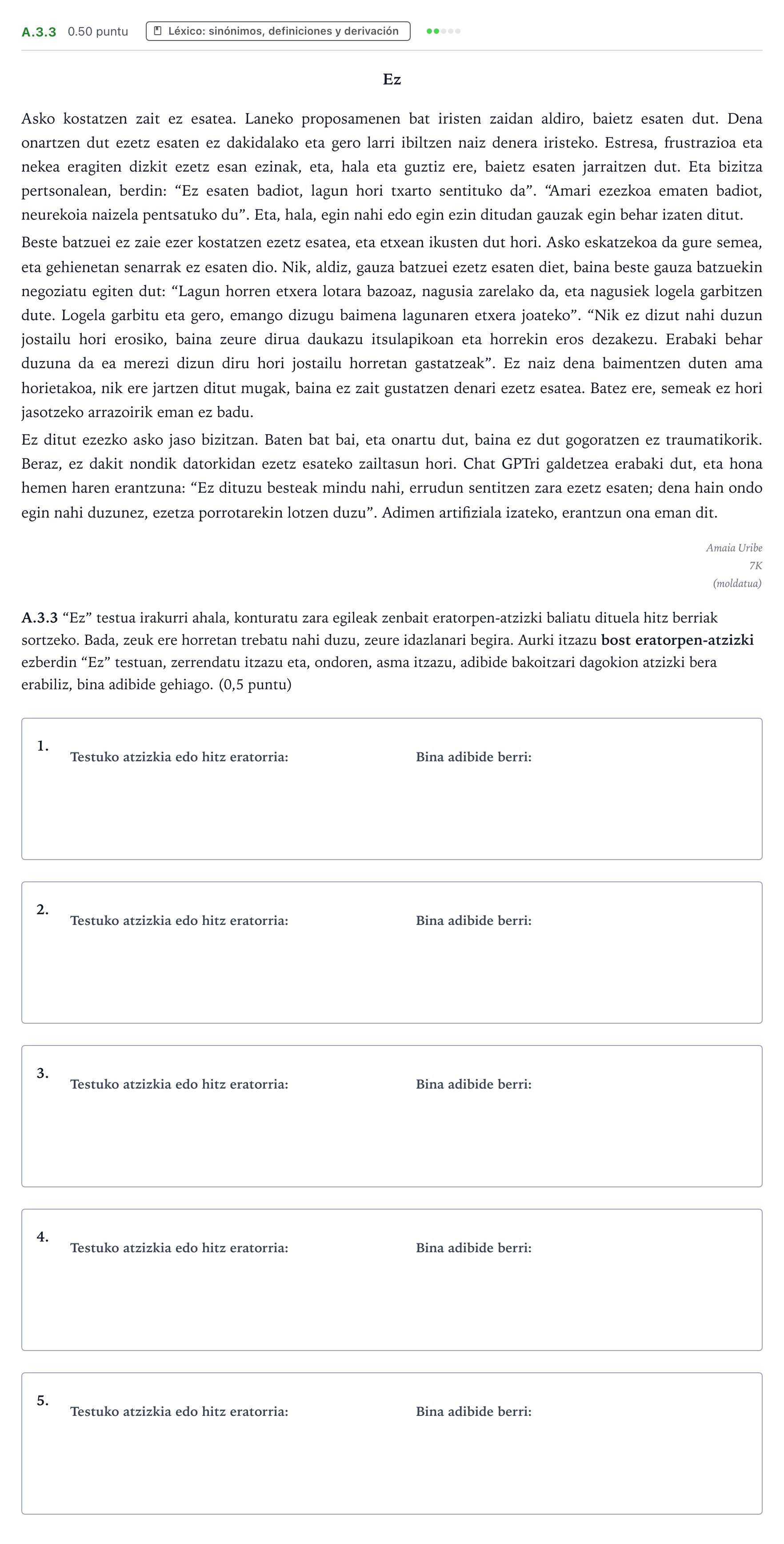 Enunciado: Ejercicio A.3.3 · Lengua Vasca y Literatura II PAU País Vasco Extraordinaria 2026
