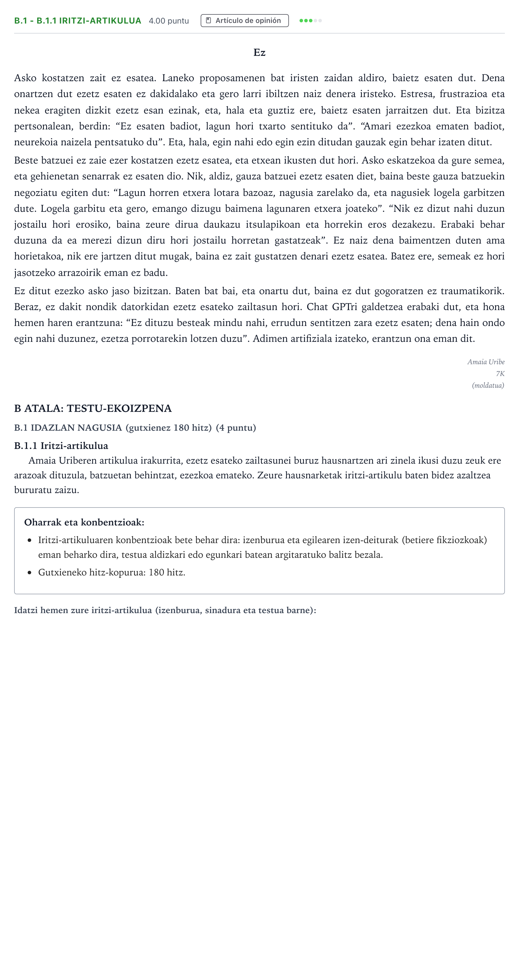 Enunciado: Ejercicio B.1 - B.1.1 Iritzi-artikulua · Lengua Vasca y Literatura II PAU País Vasco Extraordinaria 2026