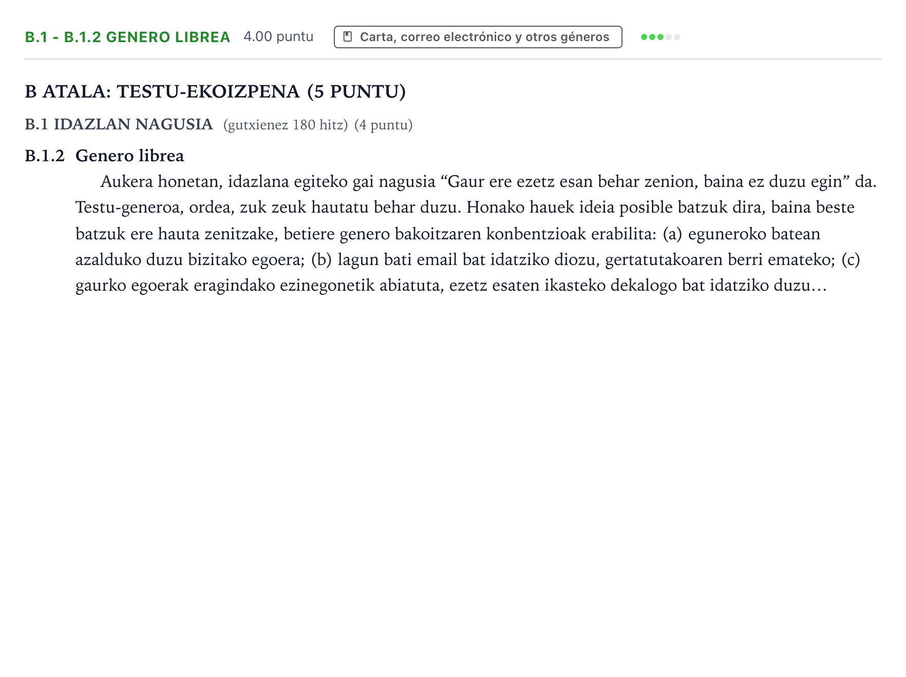 Enunciado: Ejercicio B.1 - B.1.2 Genero librea · Lengua Vasca y Literatura II PAU País Vasco Extraordinaria 2026