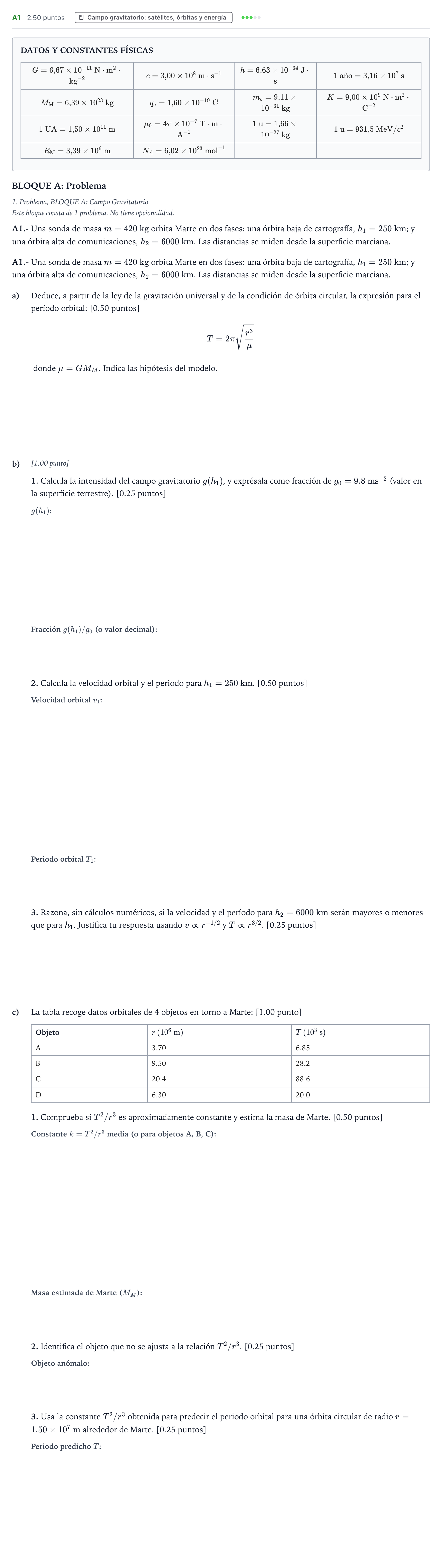 Enunciado: Ejercicio A1 · Física PAU País Vasco Extraordinaria 2026