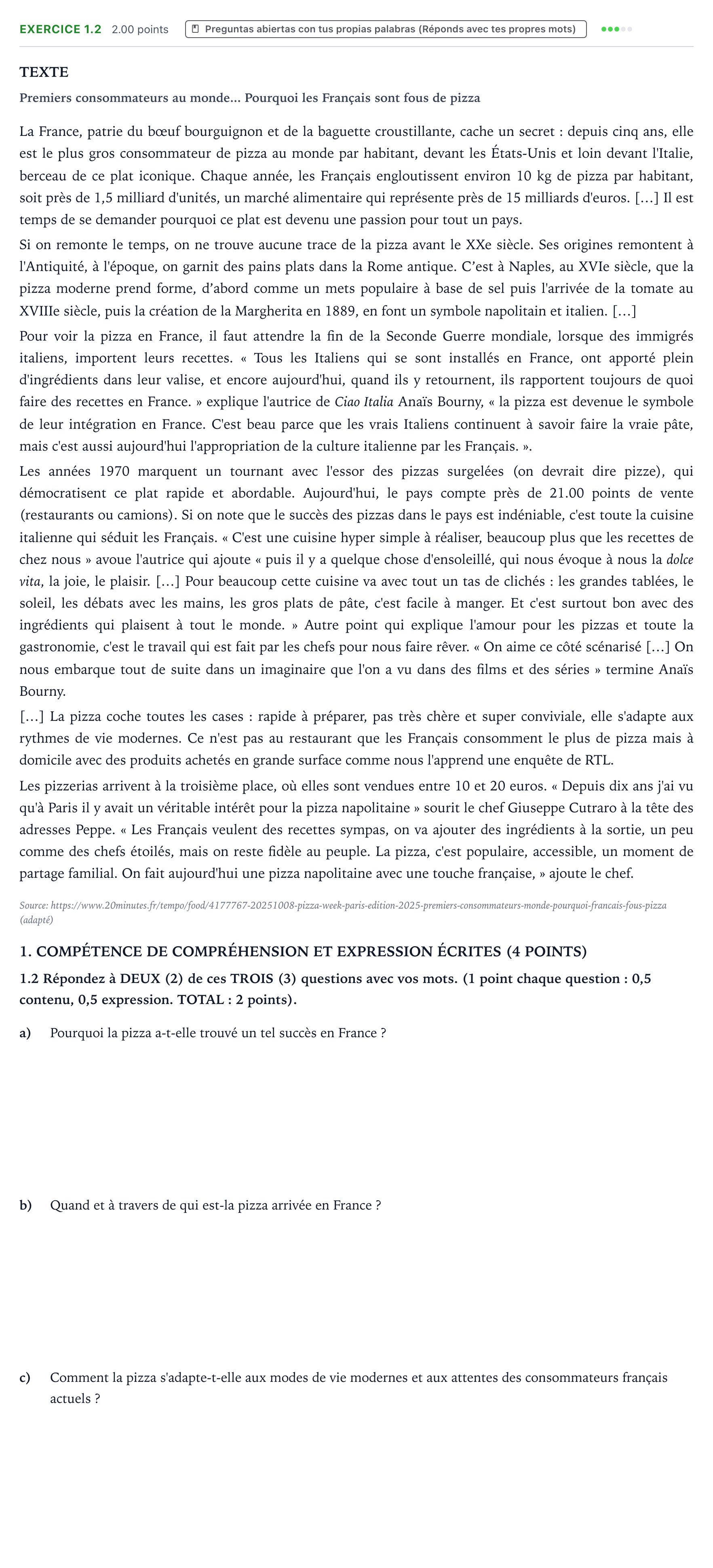 Enunciado: Ejercicio 1.2 · Francés PAU País Vasco Extraordinaria 2026