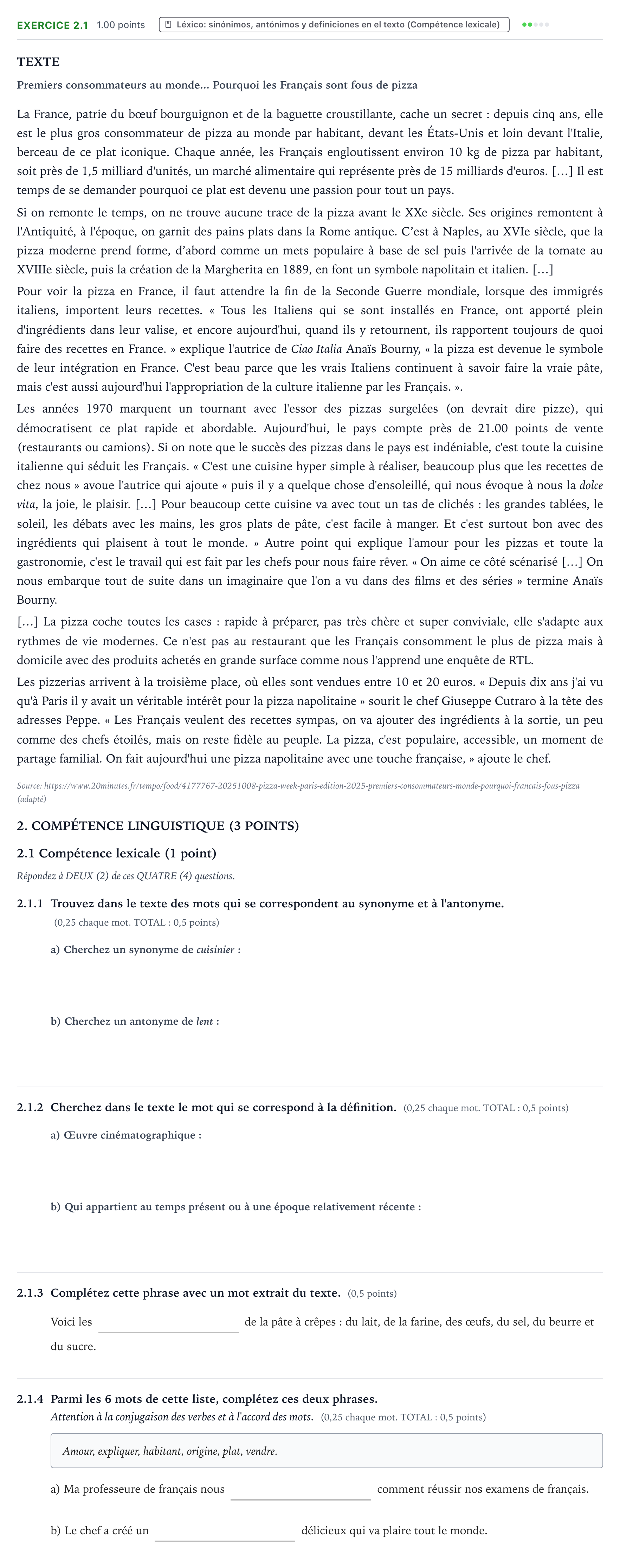 Enunciado: Ejercicio 2.1 · Francés PAU País Vasco Extraordinaria 2026