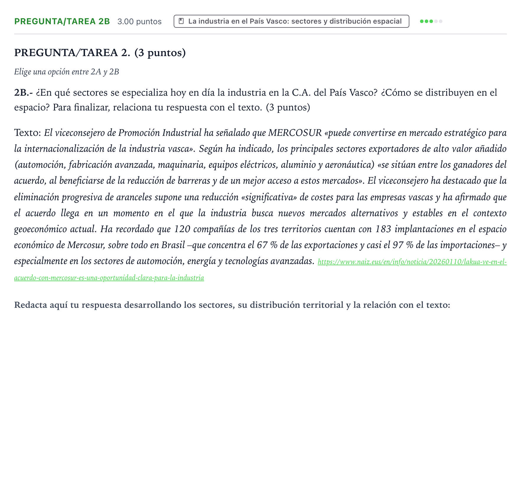 Enunciado: Pregunta/Tarea 2B · Geografía PAU País Vasco Extraordinaria 2026