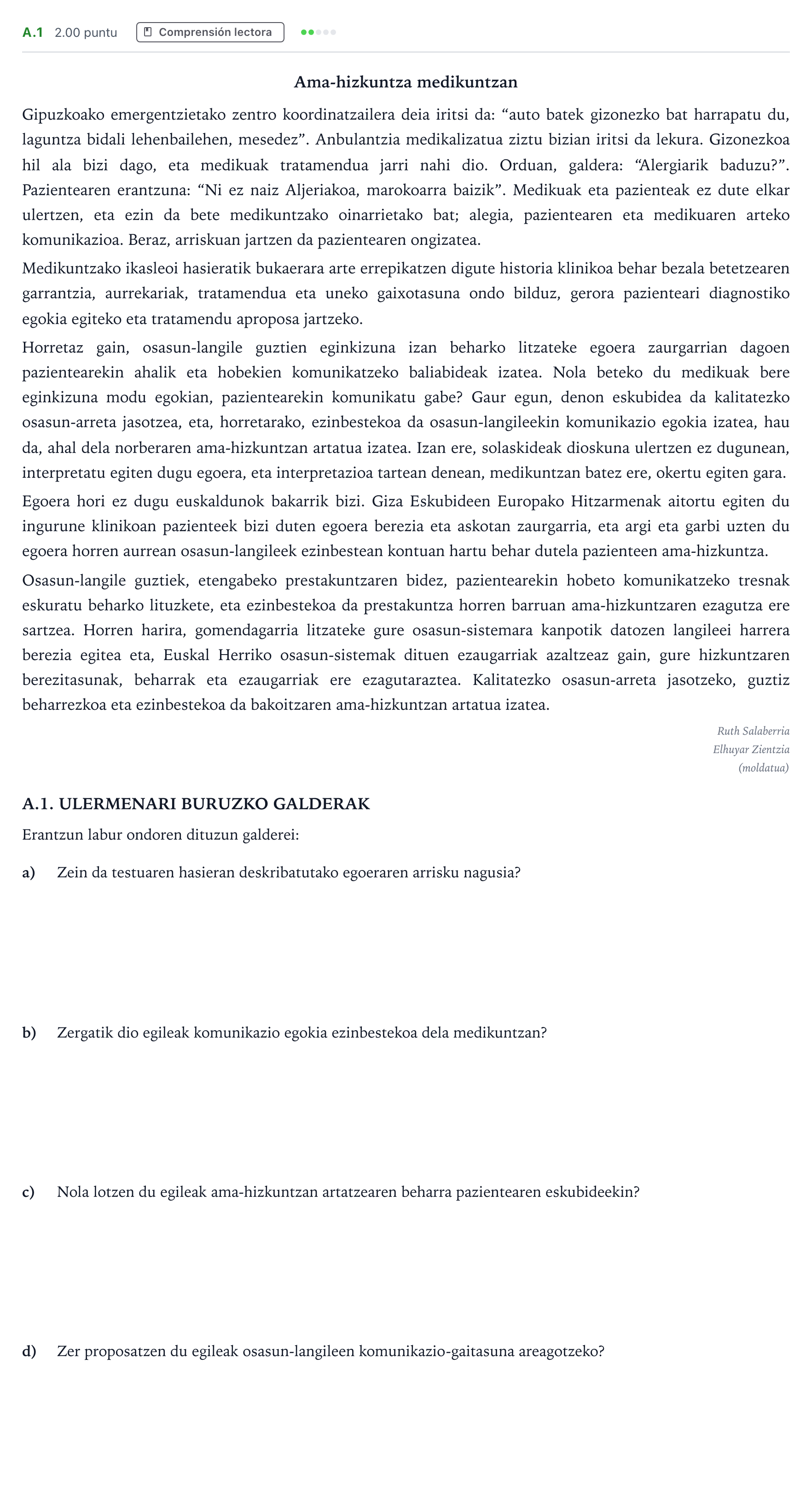 Enunciado: Ejercicio A.1 · Lengua Vasca y Literatura II PAU País Vasco Ordinaria 2026