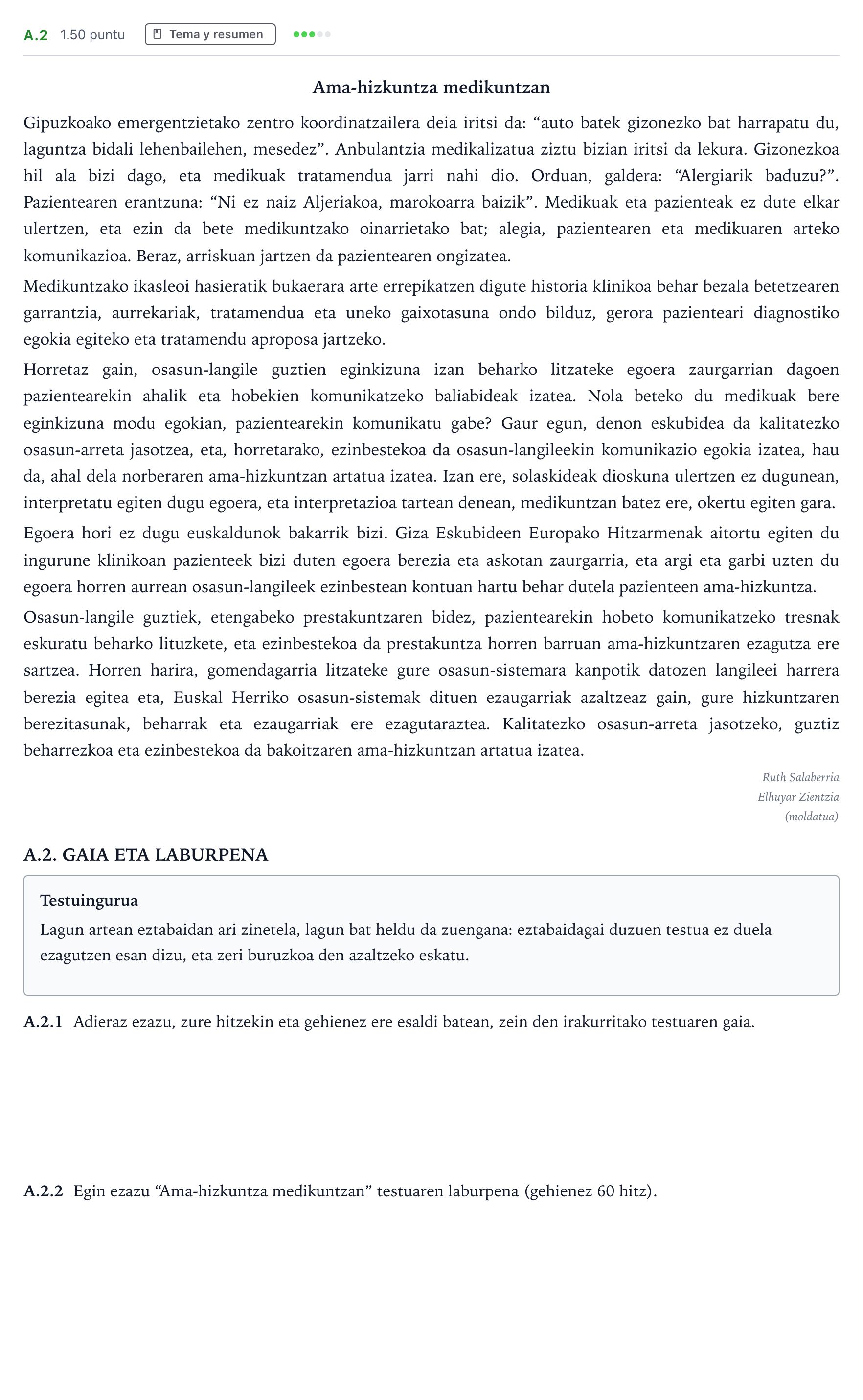 Enunciado: Ejercicio A.2 · Lengua Vasca y Literatura II PAU País Vasco Ordinaria 2026