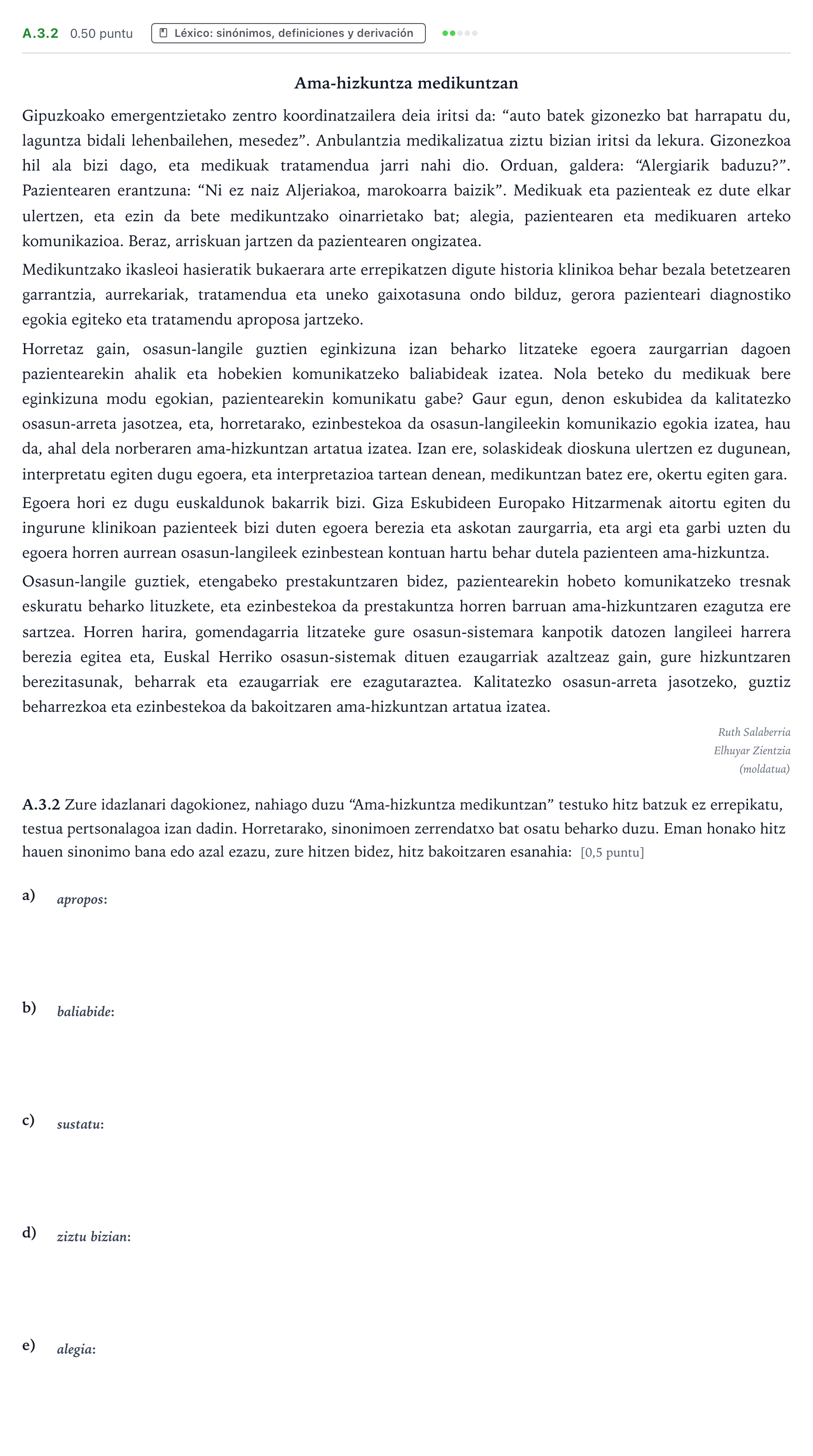 Enunciado: Ejercicio A.3.2 · Lengua Vasca y Literatura II PAU País Vasco Ordinaria 2026