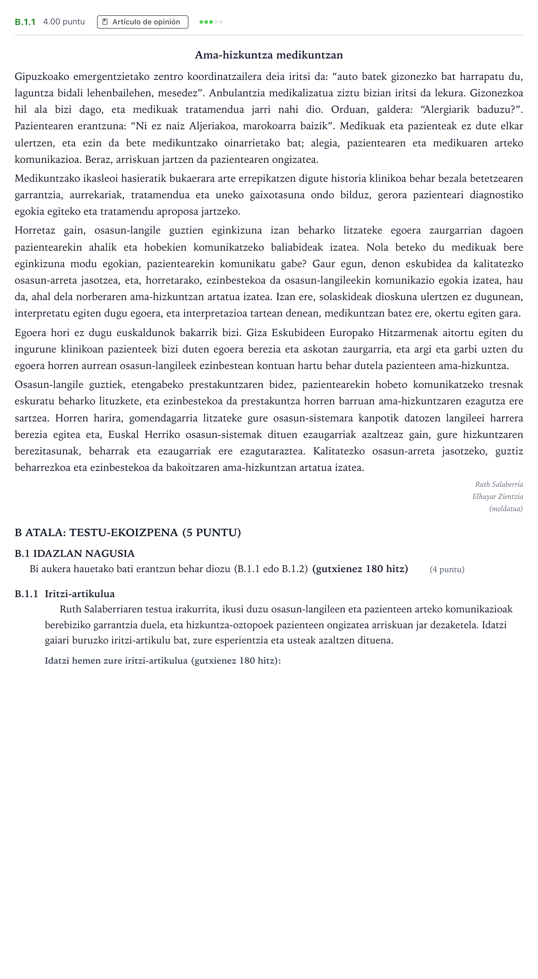 Enunciado: Ejercicio B.1.1 · Lengua Vasca y Literatura II PAU País Vasco Ordinaria 2026