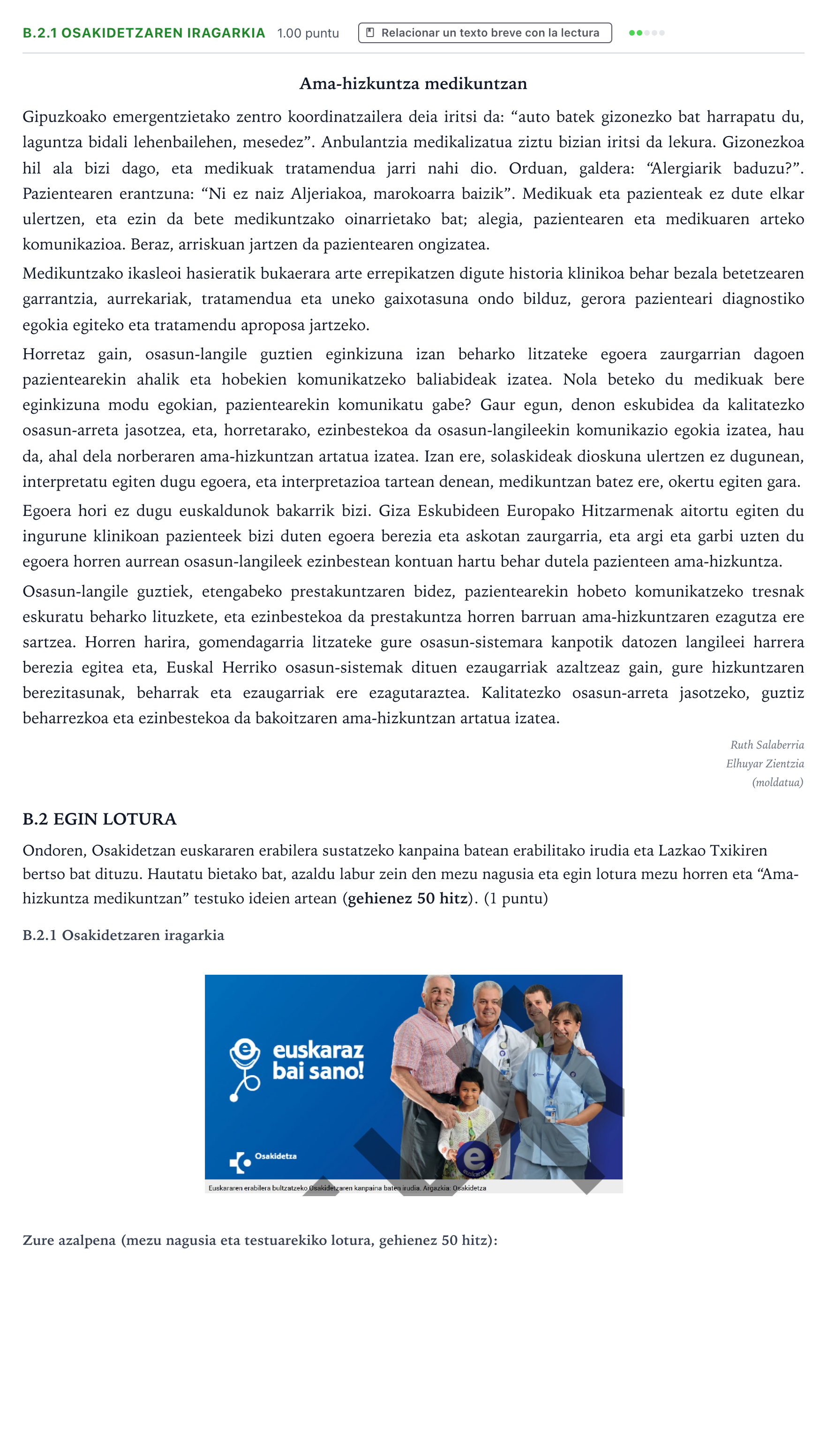 Enunciado: Ejercicio B.2.1 Osakidetzaren iragarkia · Lengua Vasca y Literatura II PAU País Vasco Ordinaria 2026