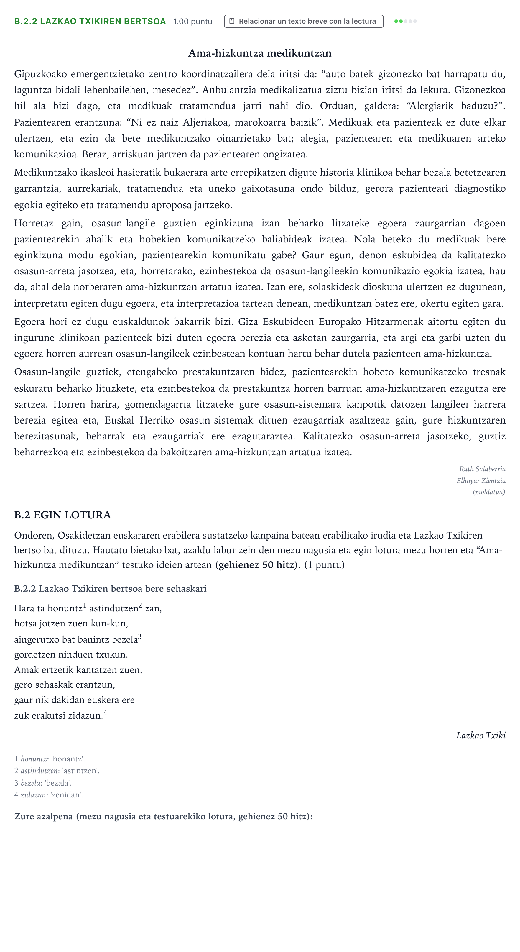 Enunciado: Ejercicio B.2.2 Lazkao Txikiren bertsoa · Lengua Vasca y Literatura II PAU País Vasco Ordinaria 2026