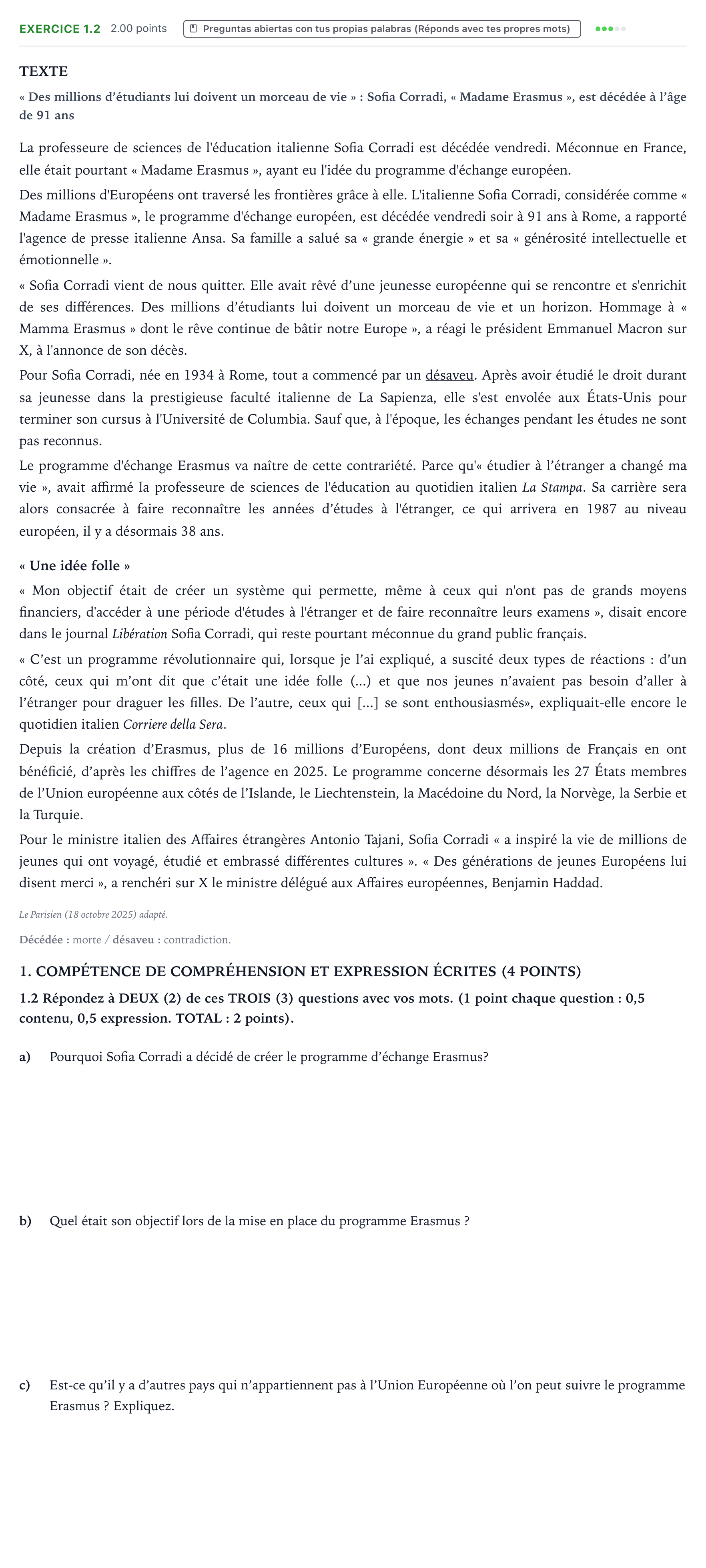 Enunciado: Ejercicio 1.2 · Francés PAU País Vasco Ordinaria 2026