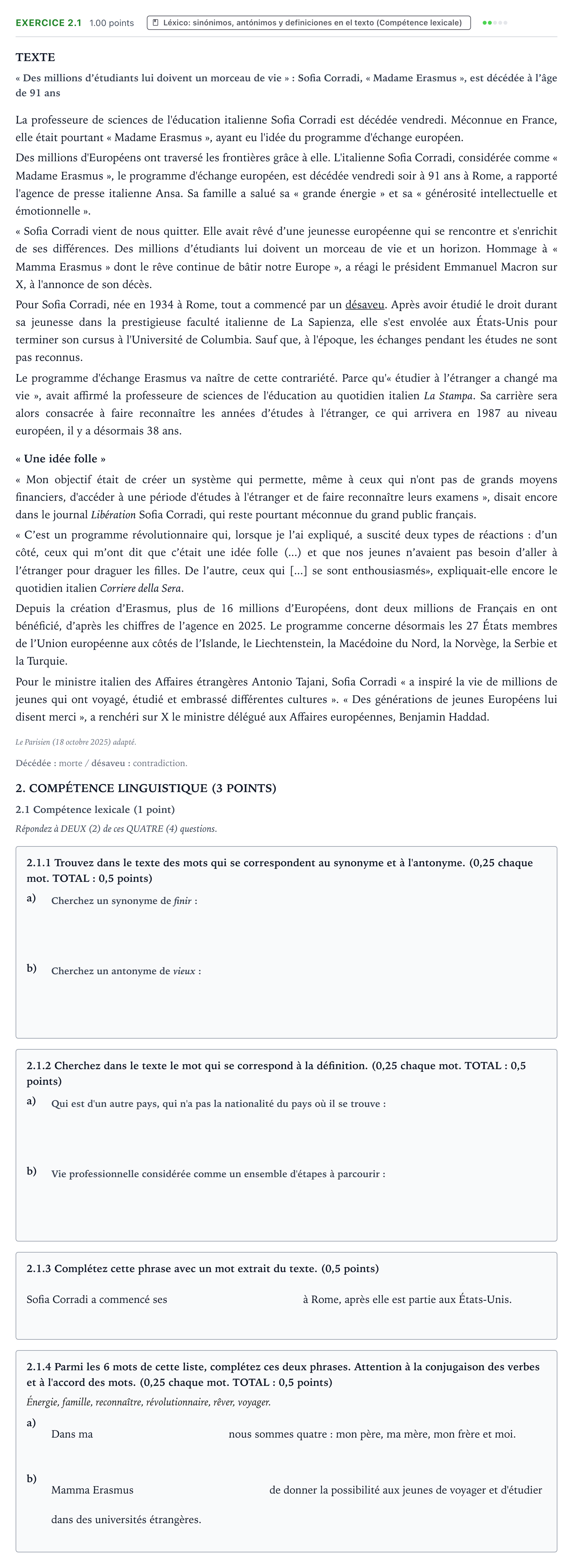 Enunciado: Ejercicio 2.1 · Francés PAU País Vasco Ordinaria 2026