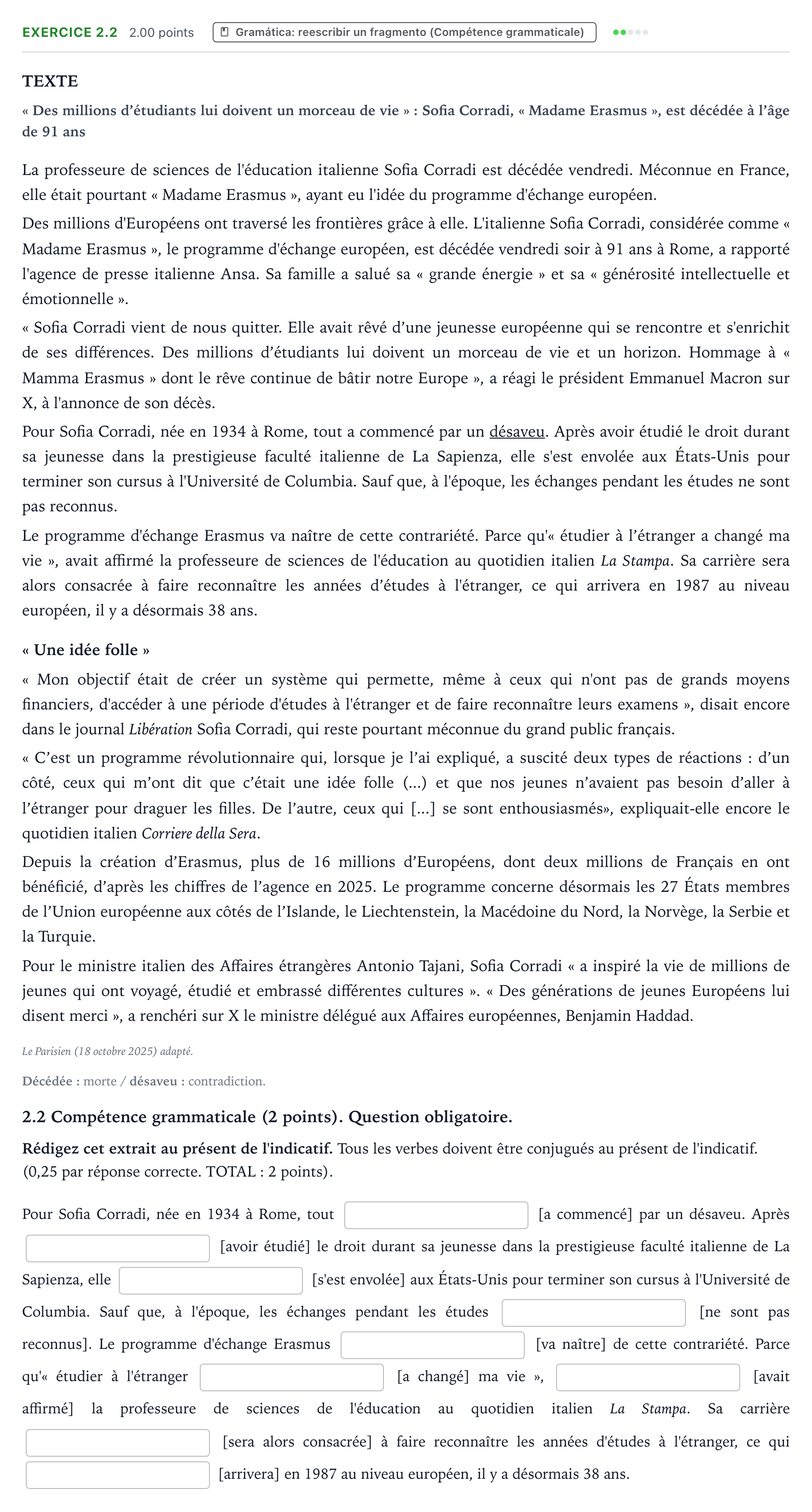 Enunciado: Ejercicio 2.2 · Francés PAU País Vasco Ordinaria 2026
