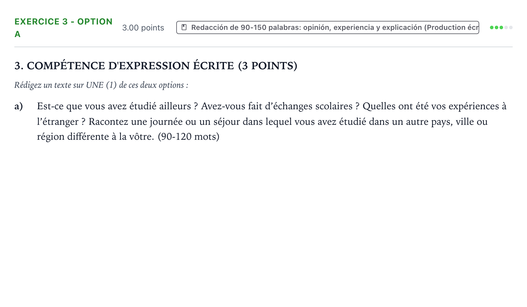 Enunciado: Ejercicio 3 - Option a · Francés PAU País Vasco Ordinaria 2026