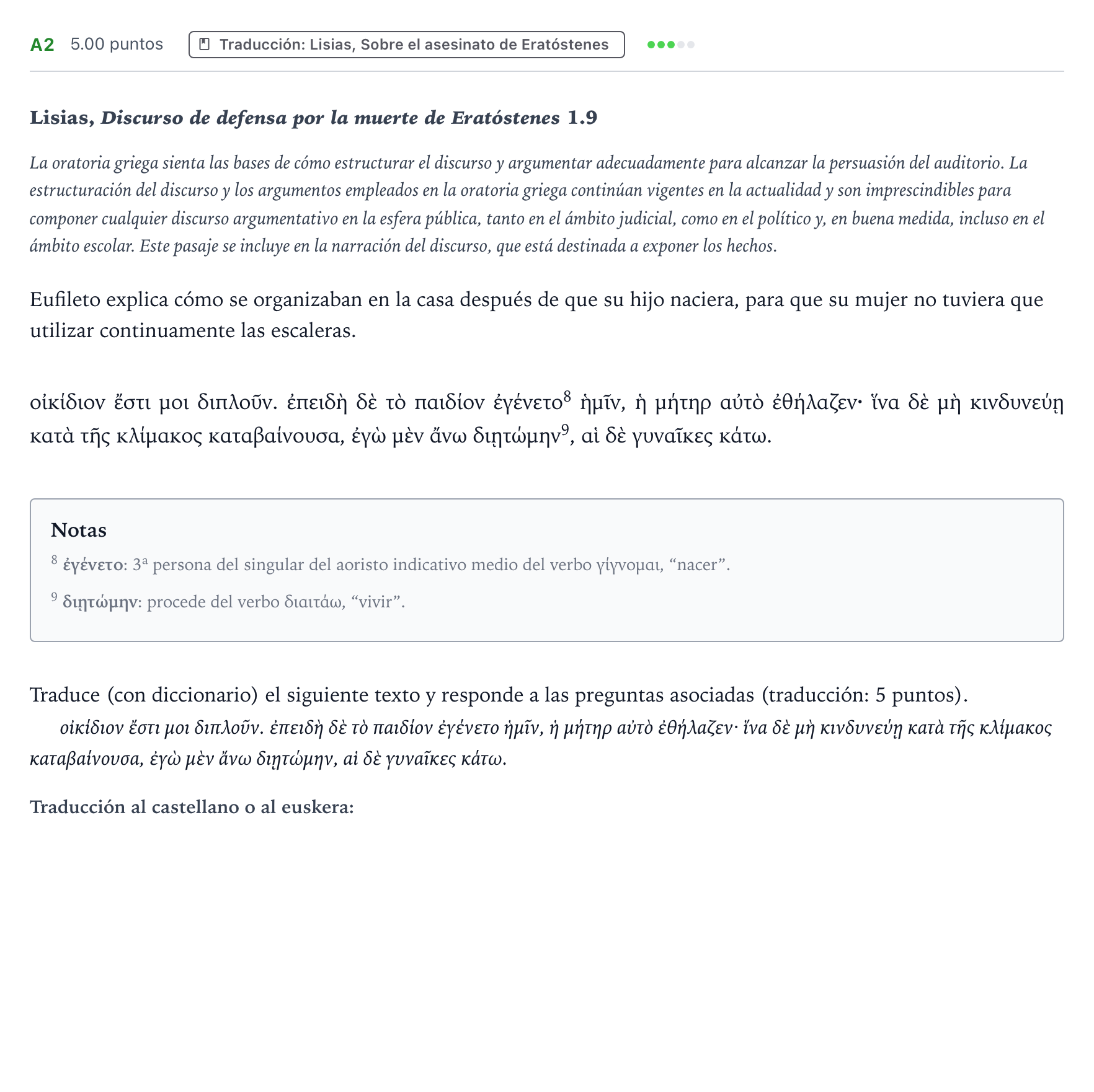 Enunciado: Ejercicio A2 - Traducción · Griego II PAU País Vasco Ordinaria 2026