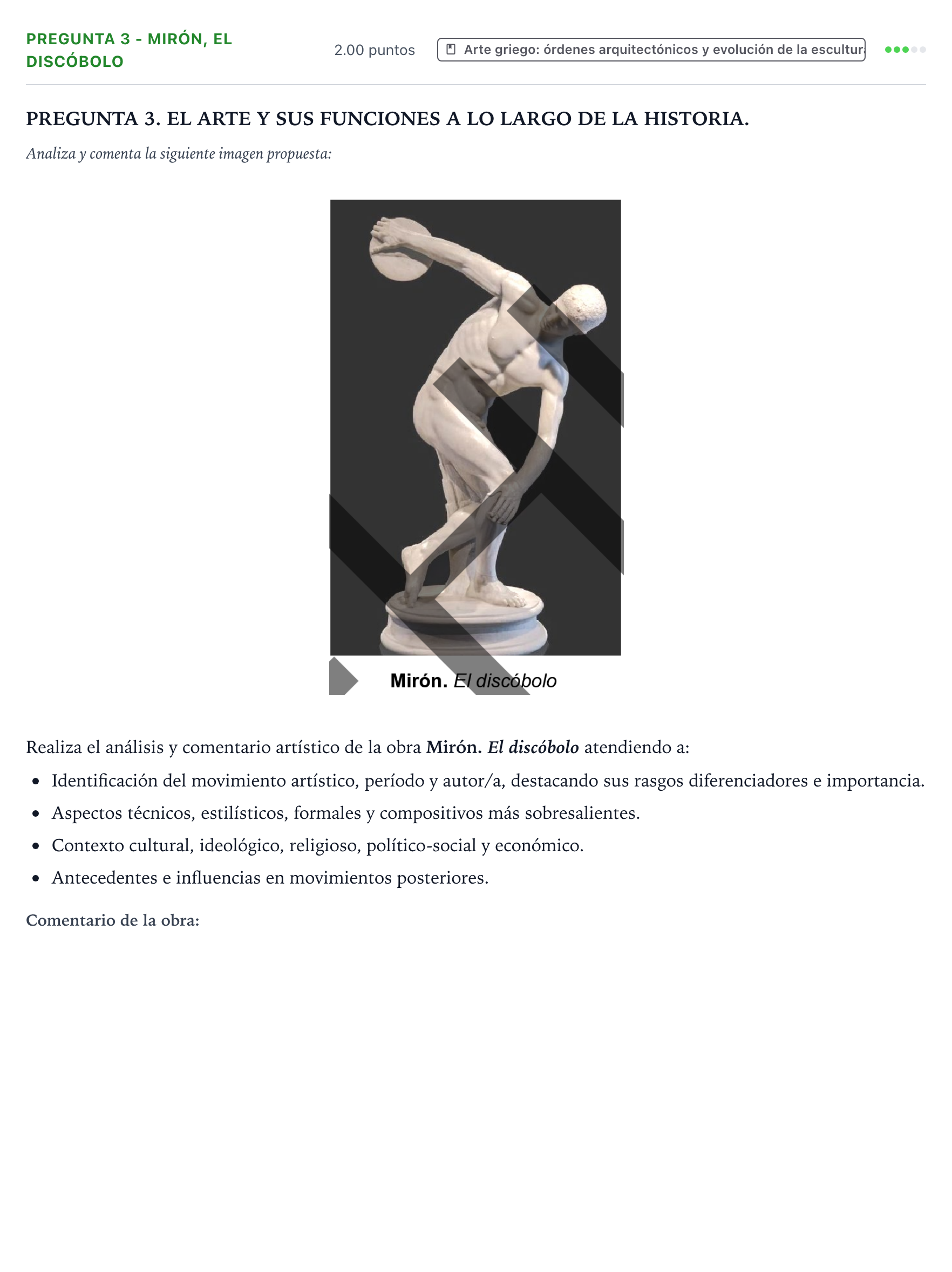 Enunciado: Pregunta 3 - Mirón, El discóbolo · Historia del Arte PAU País Vasco Extraordinaria 2026