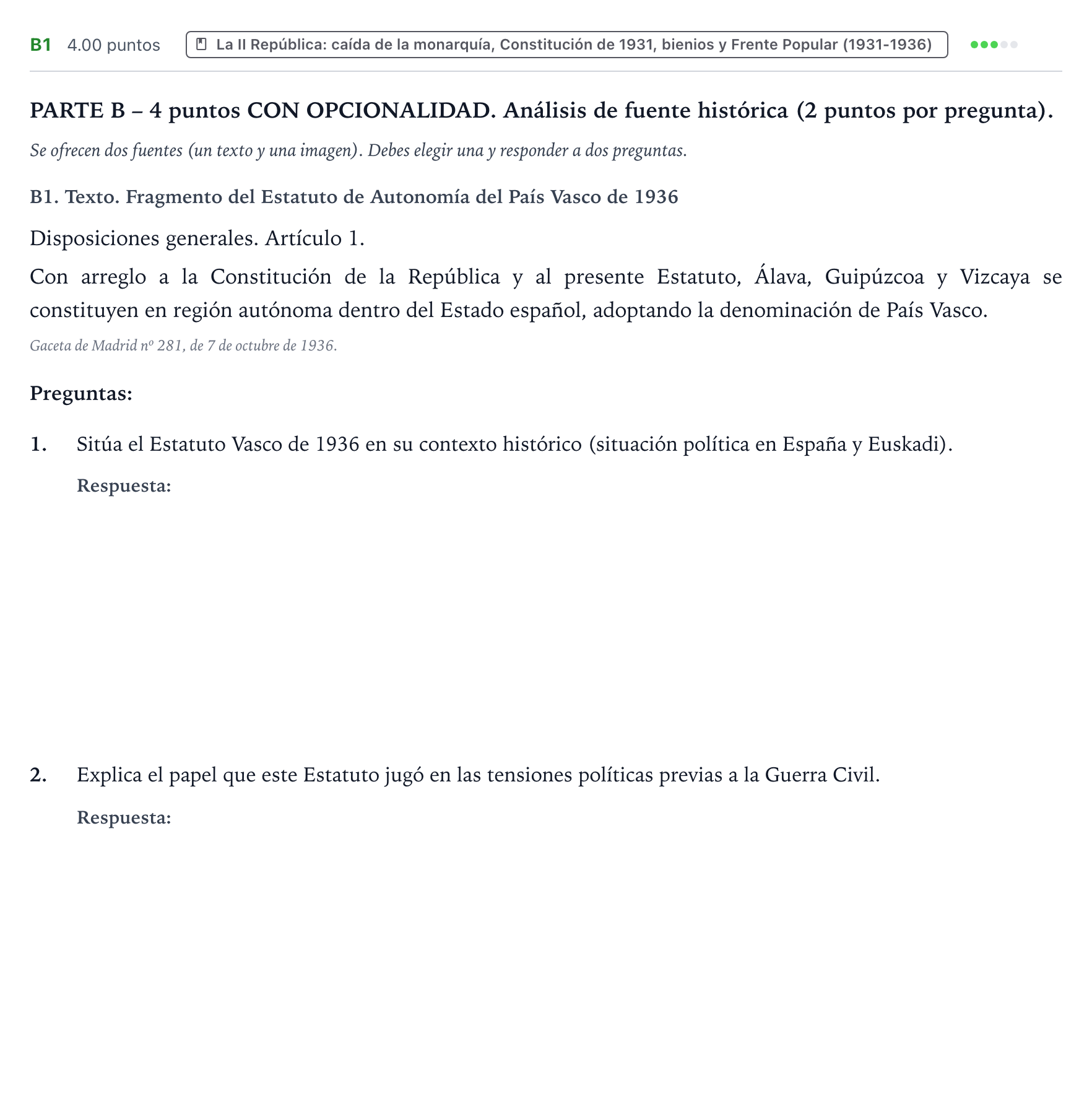Enunciado: Ejercicio B1 · Historia de España PAU País Vasco Ordinaria 2026