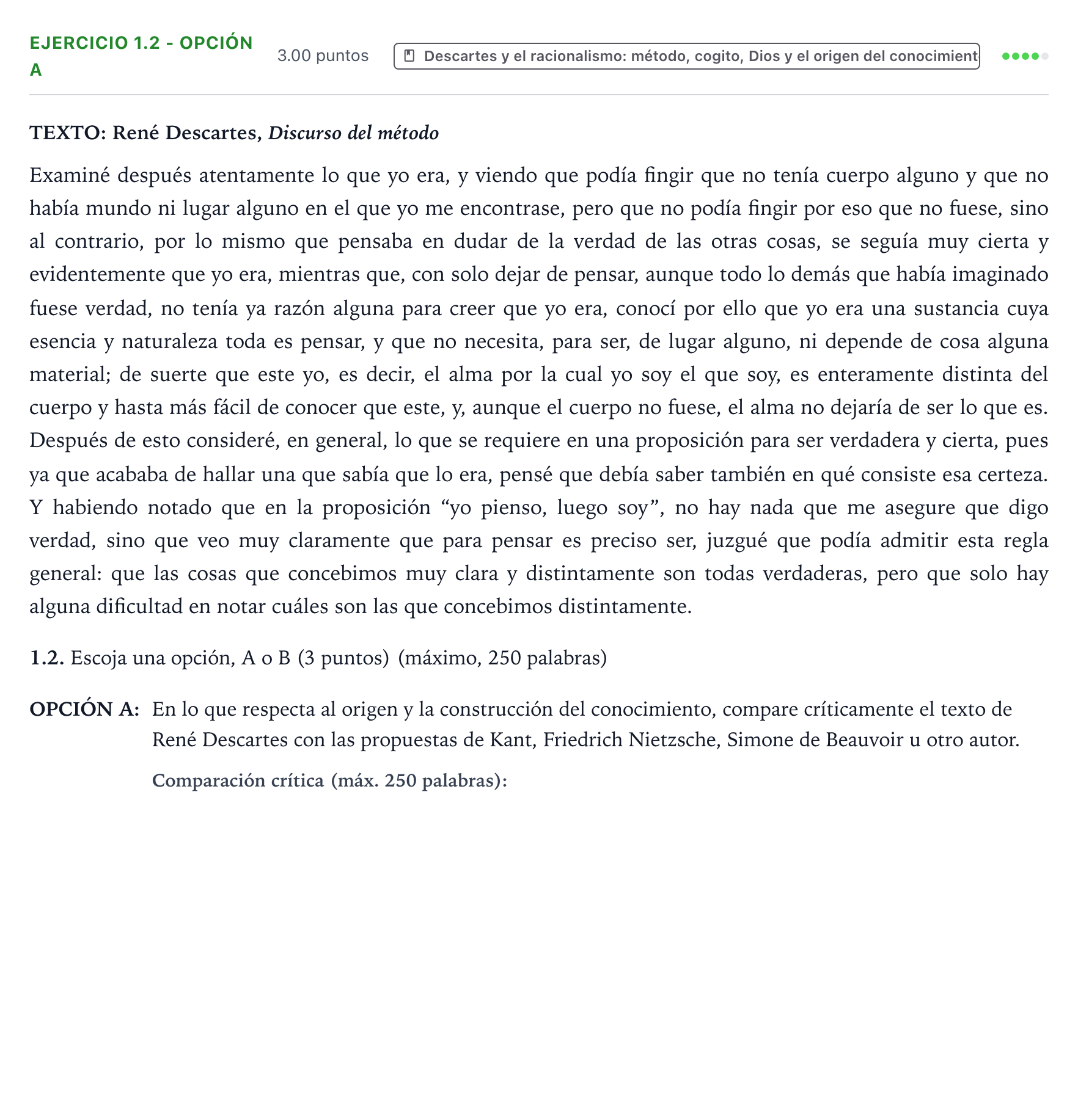Enunciado: Ejercicio 1.2 - Opción A · Historia de la Filosofía PAU País Vasco Ordinaria 2026