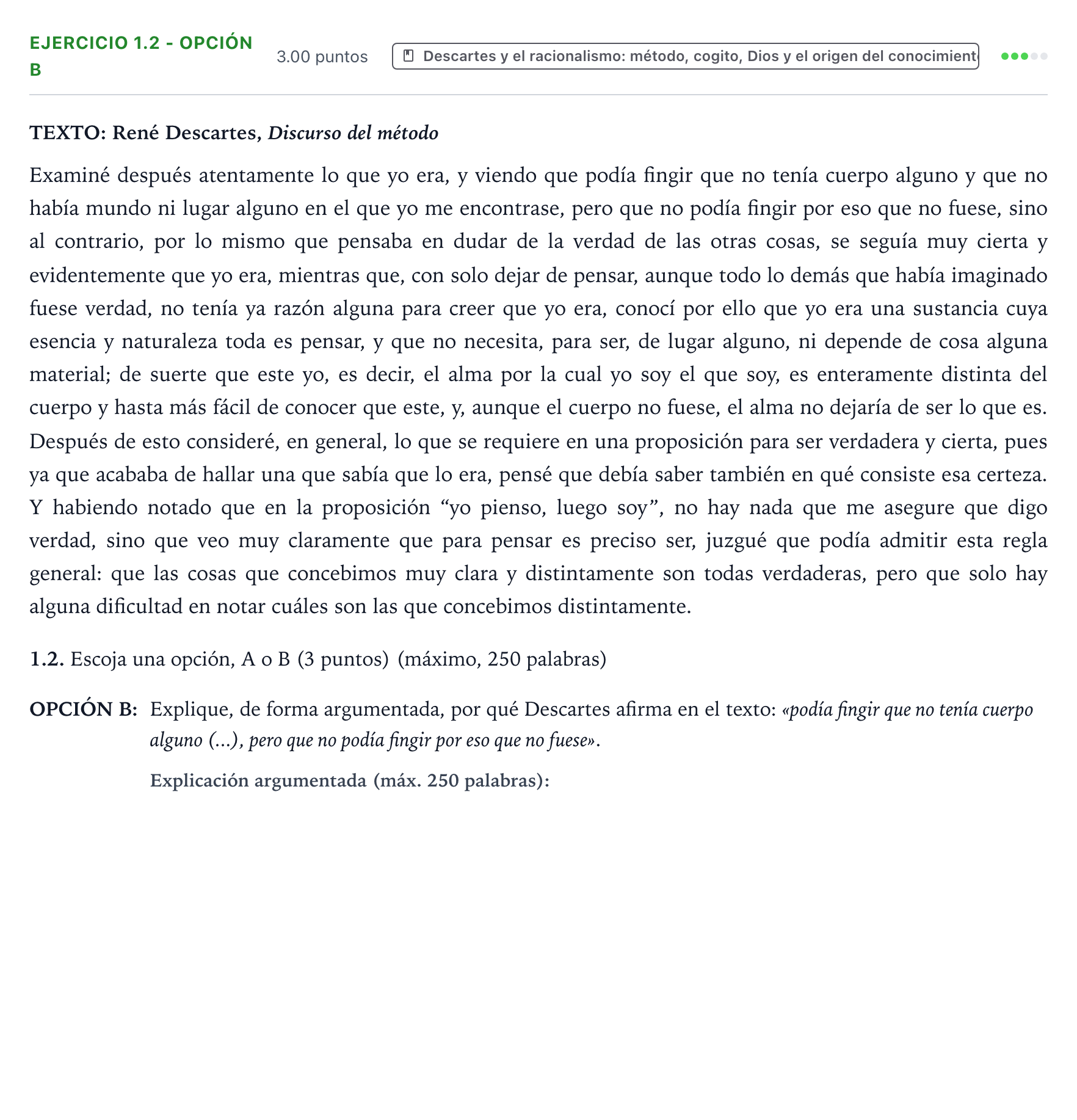 Enunciado: Ejercicio 1.2 - Opción B · Historia de la Filosofía PAU País Vasco Ordinaria 2026