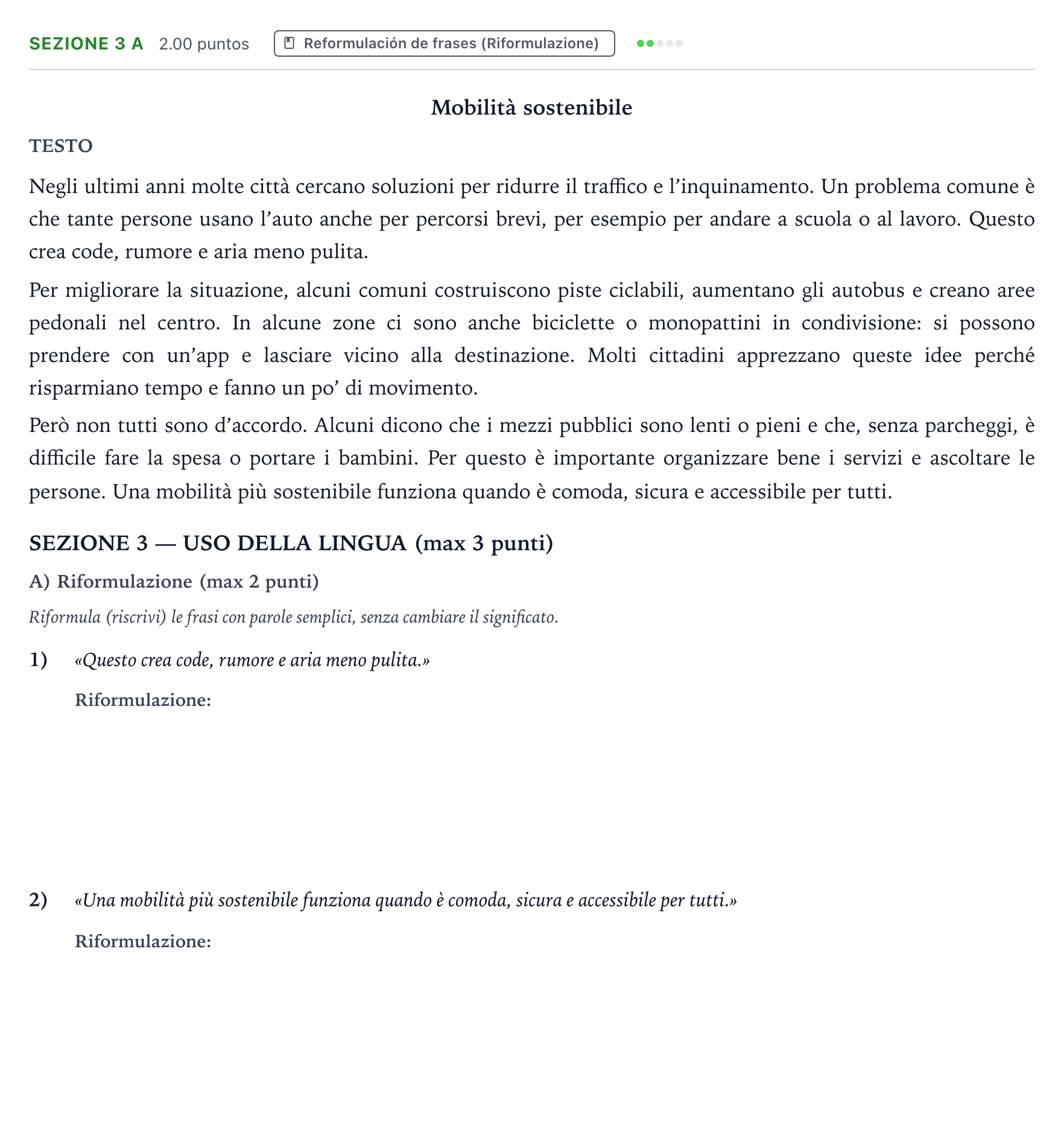 Enunciado: Ejercicio Sezione 3 A · Italiano PAU País Vasco Extraordinaria 2026