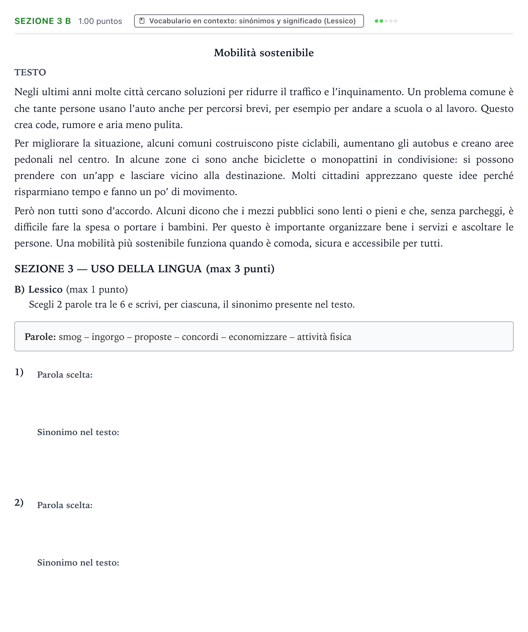Enunciado: Ejercicio Sezione 3 B · Italiano PAU País Vasco Extraordinaria 2026