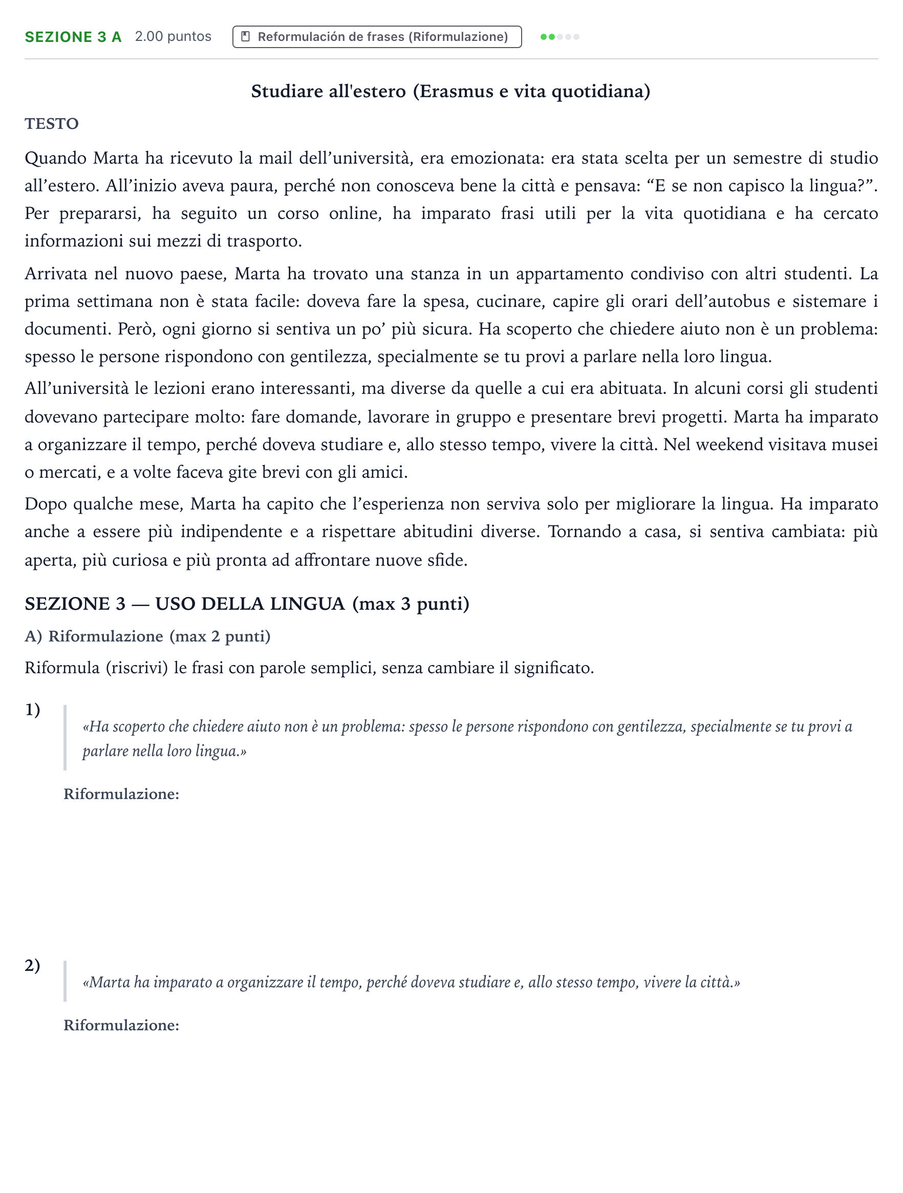 Enunciado: Ejercicio Sezione 3 A · Italiano PAU País Vasco Ordinaria 2026