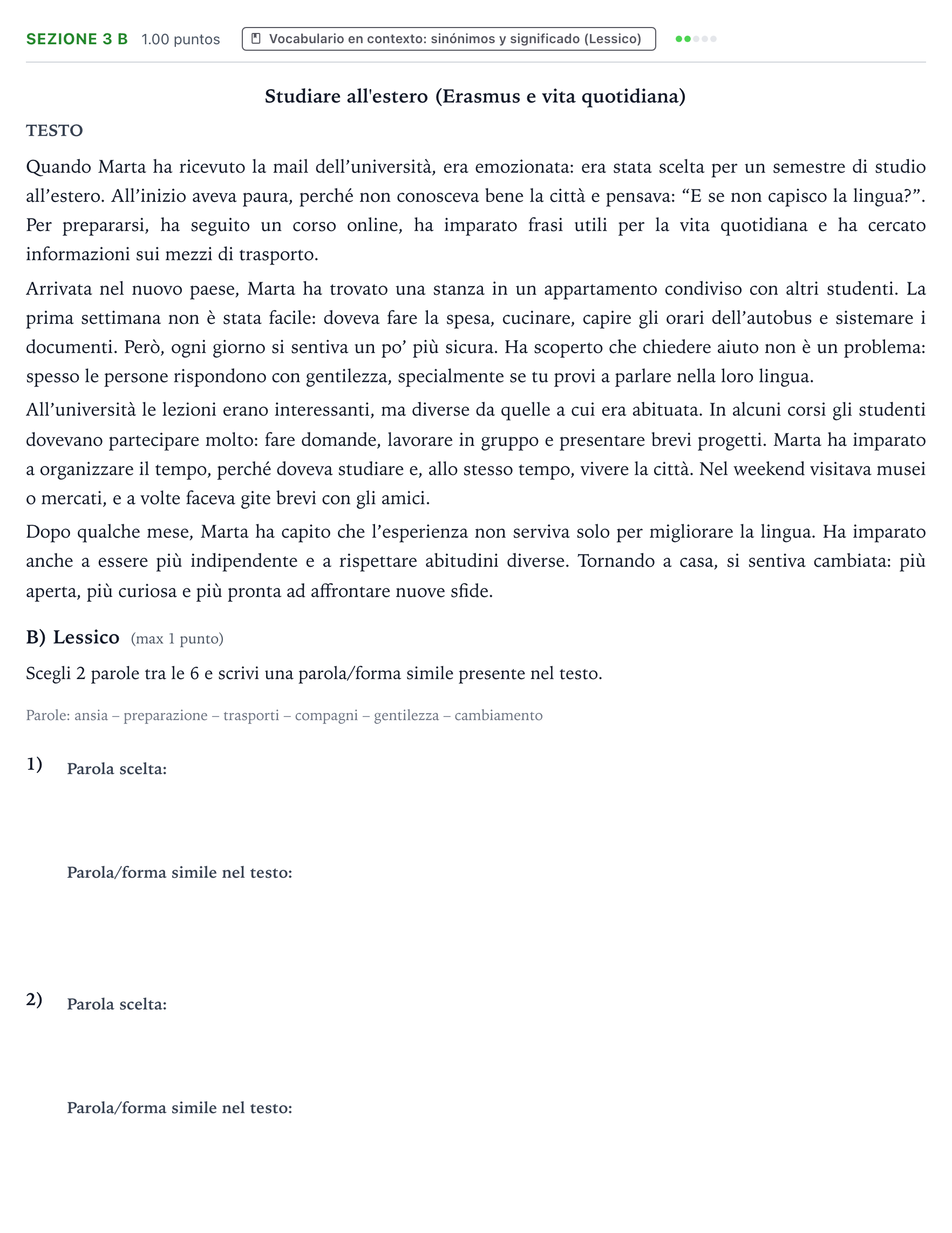 Enunciado: Ejercicio Sezione 3 B · Italiano PAU País Vasco Ordinaria 2026