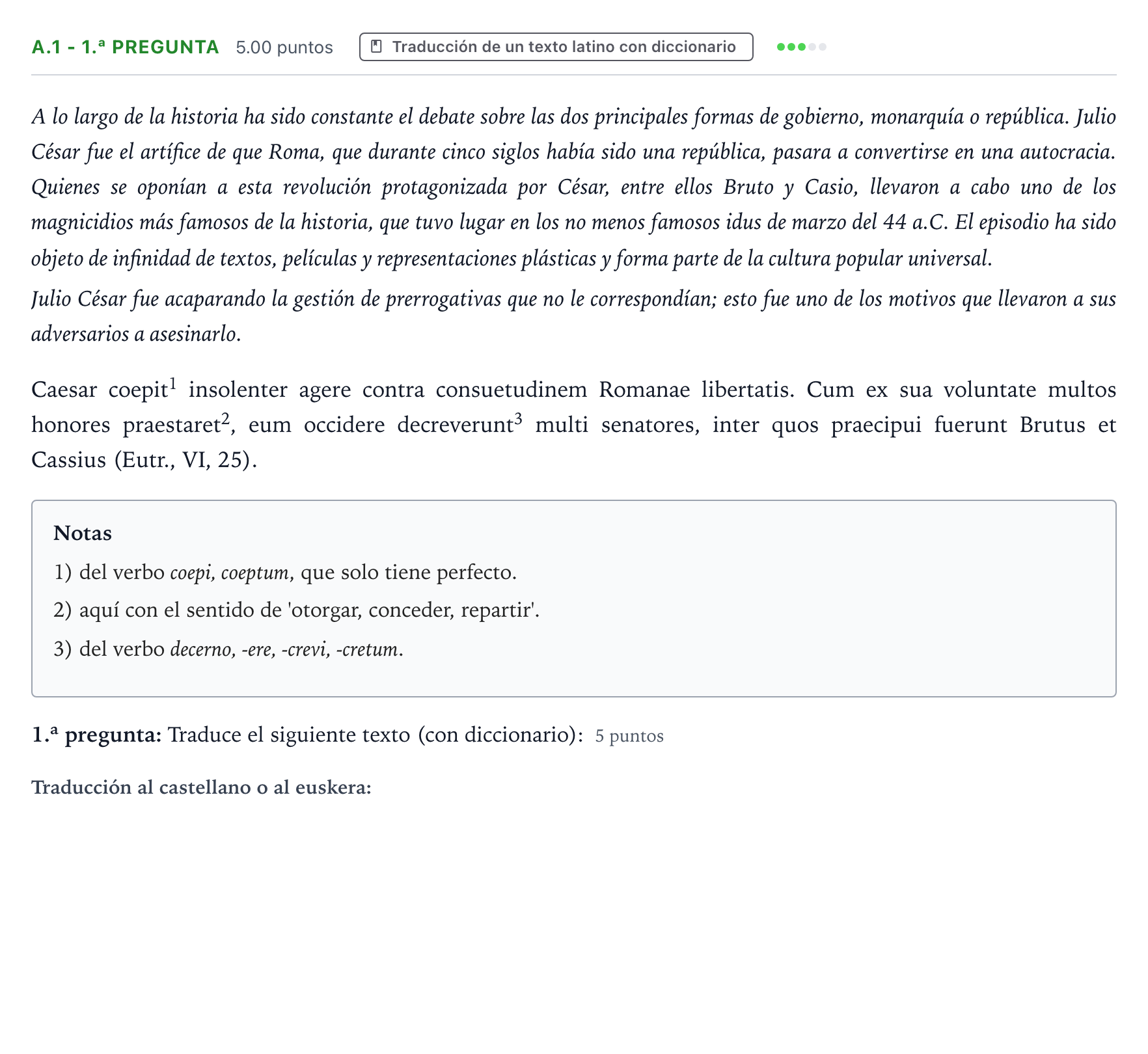 Enunciado: Ejercicio A.1 - 1.ª pregunta · Latín II PAU País Vasco Extraordinaria 2026