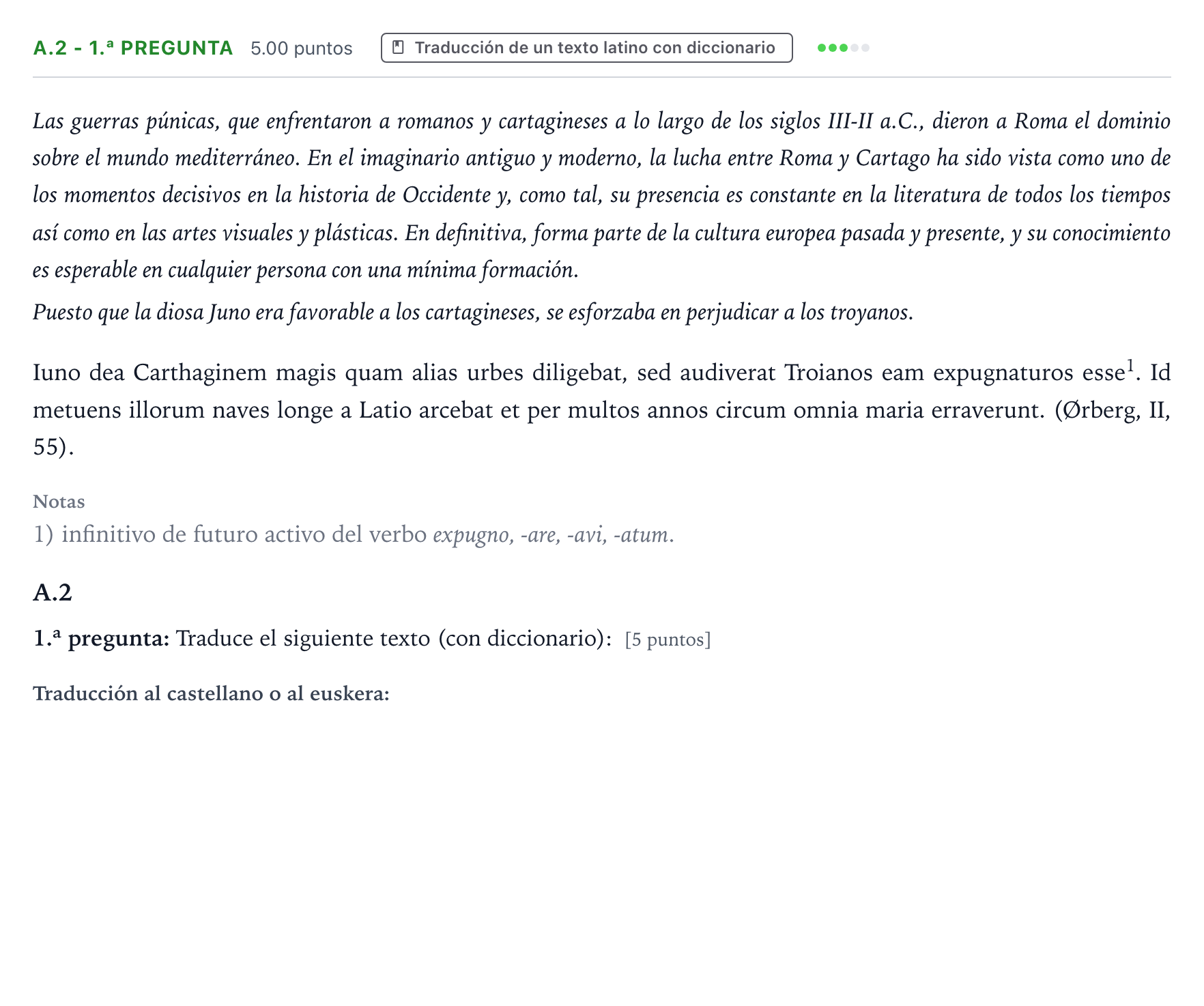 Enunciado: Ejercicio A.2 - 1.ª pregunta · Latín II PAU País Vasco Extraordinaria 2026