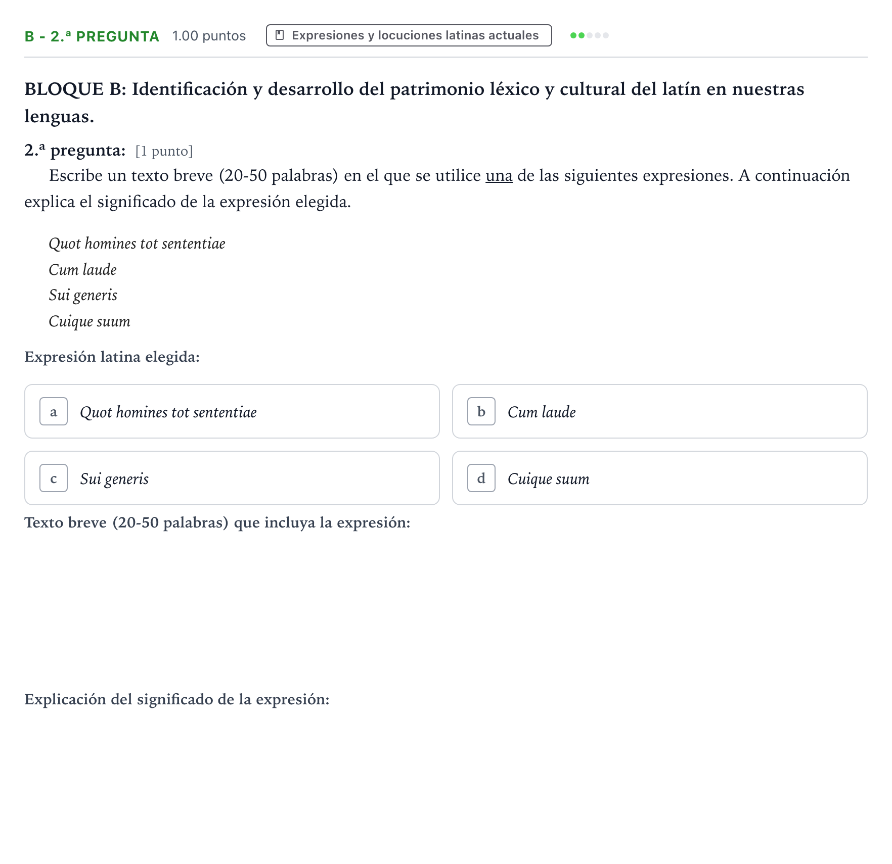 Enunciado: Ejercicio B - 2.ª pregunta · Latín II PAU País Vasco Extraordinaria 2026