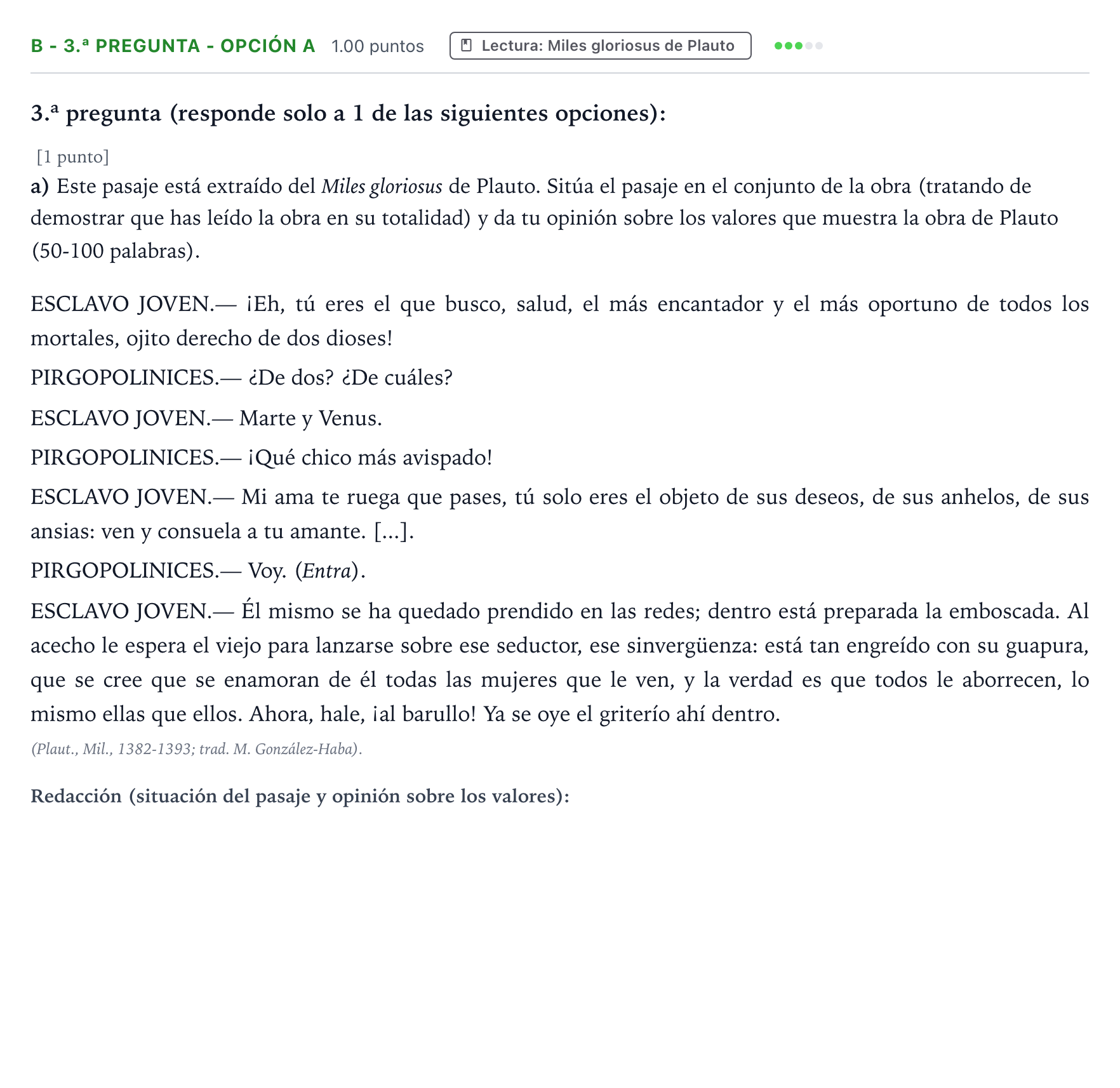 Enunciado: Ejercicio B - 3.ª pregunta - Opción a · Latín II PAU País Vasco Extraordinaria 2026