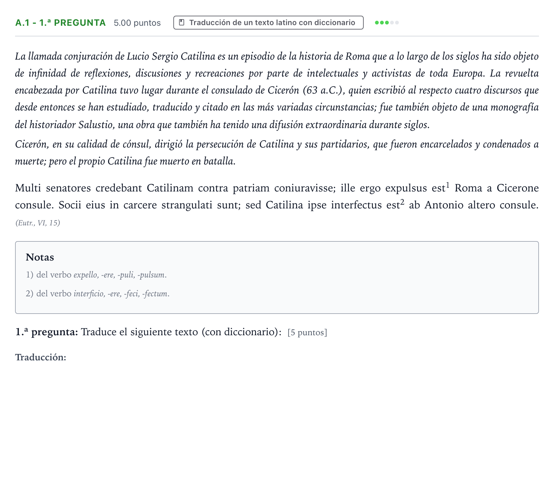Enunciado: Ejercicio A.1 - 1.ª pregunta · Latín II PAU País Vasco Ordinaria 2026