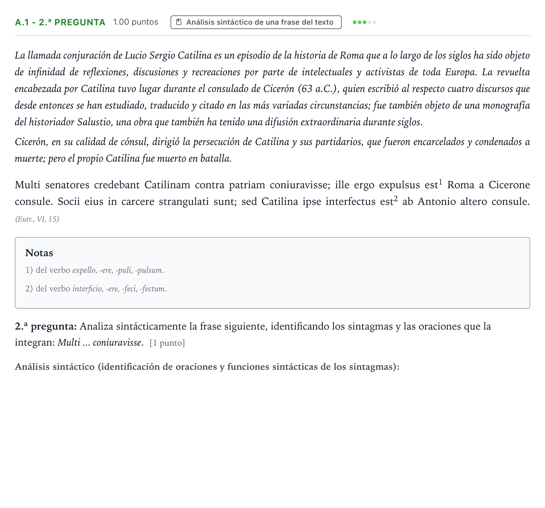 Enunciado: Ejercicio A.1 - 2.ª pregunta · Latín II PAU País Vasco Ordinaria 2026