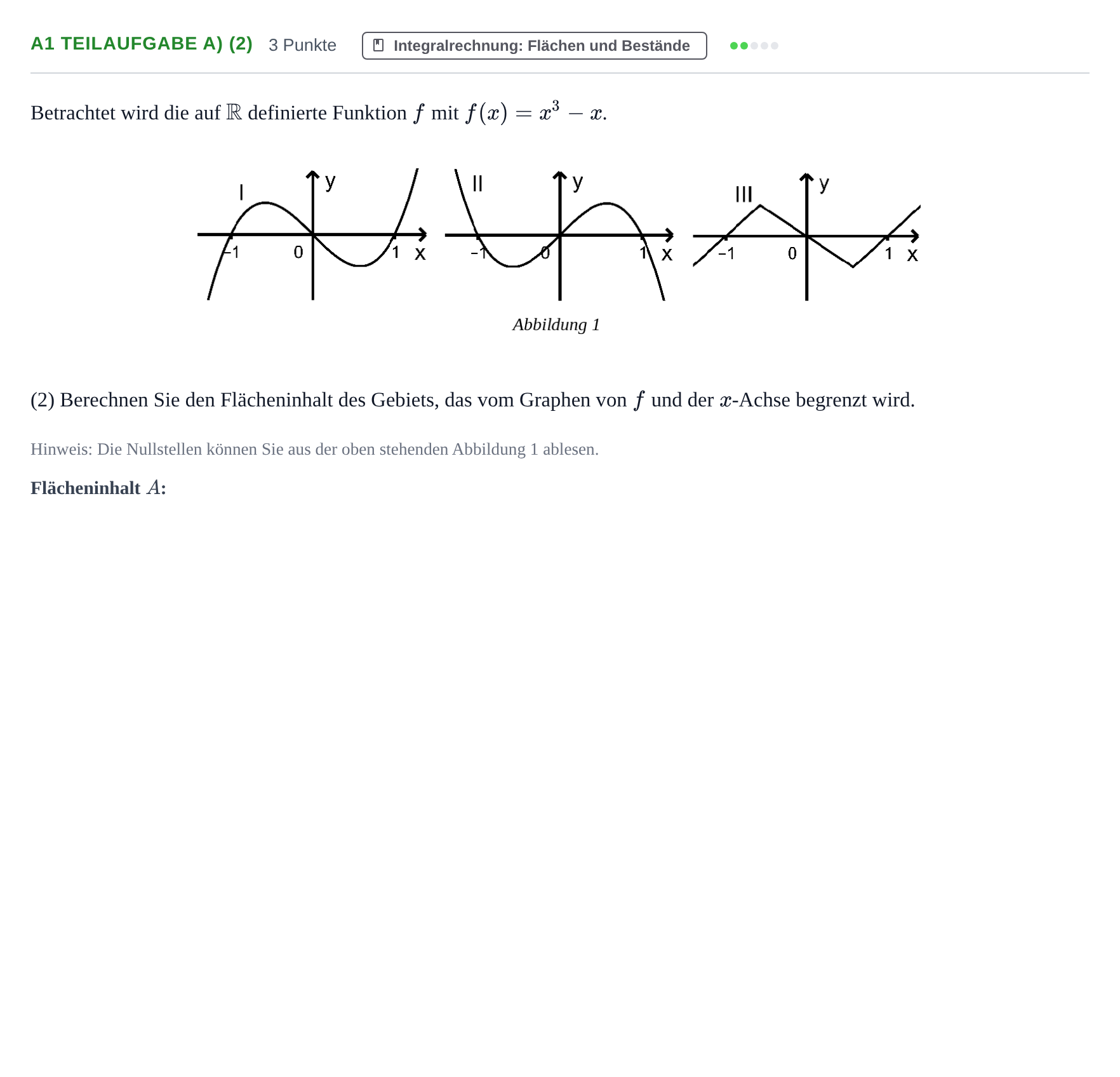 Aufgabenstellung: Aufgabe A1 Teilaufgabe a) (2) - Integralrechnung · Abitur NRW Mathematik GK · Haupttermin · CAS 2021