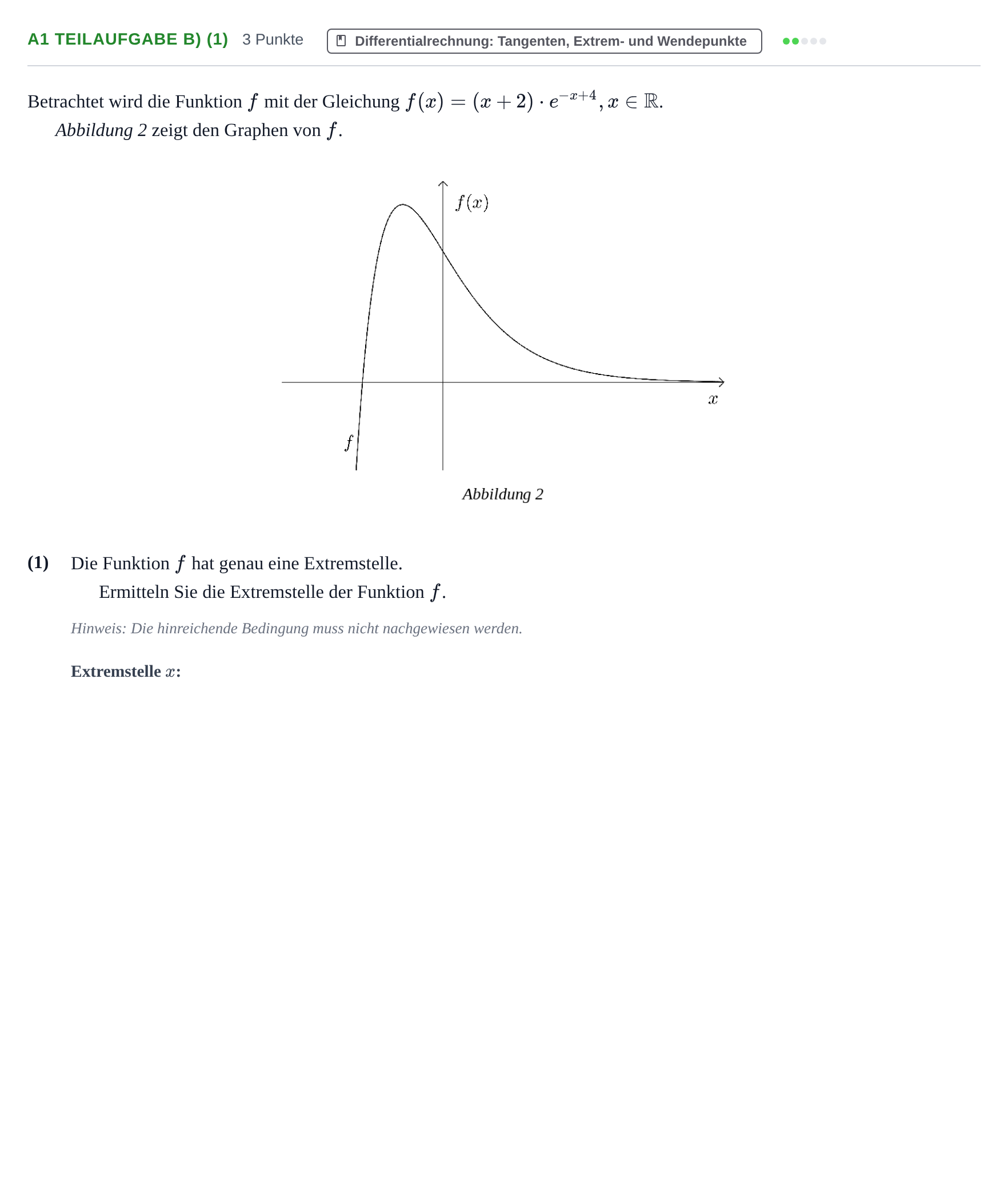 Aufgabenstellung: Aufgabe A1 Teilaufgabe b) (1) - Differentialrechnung · Abitur NRW Mathematik GK · Haupttermin · CAS 2021