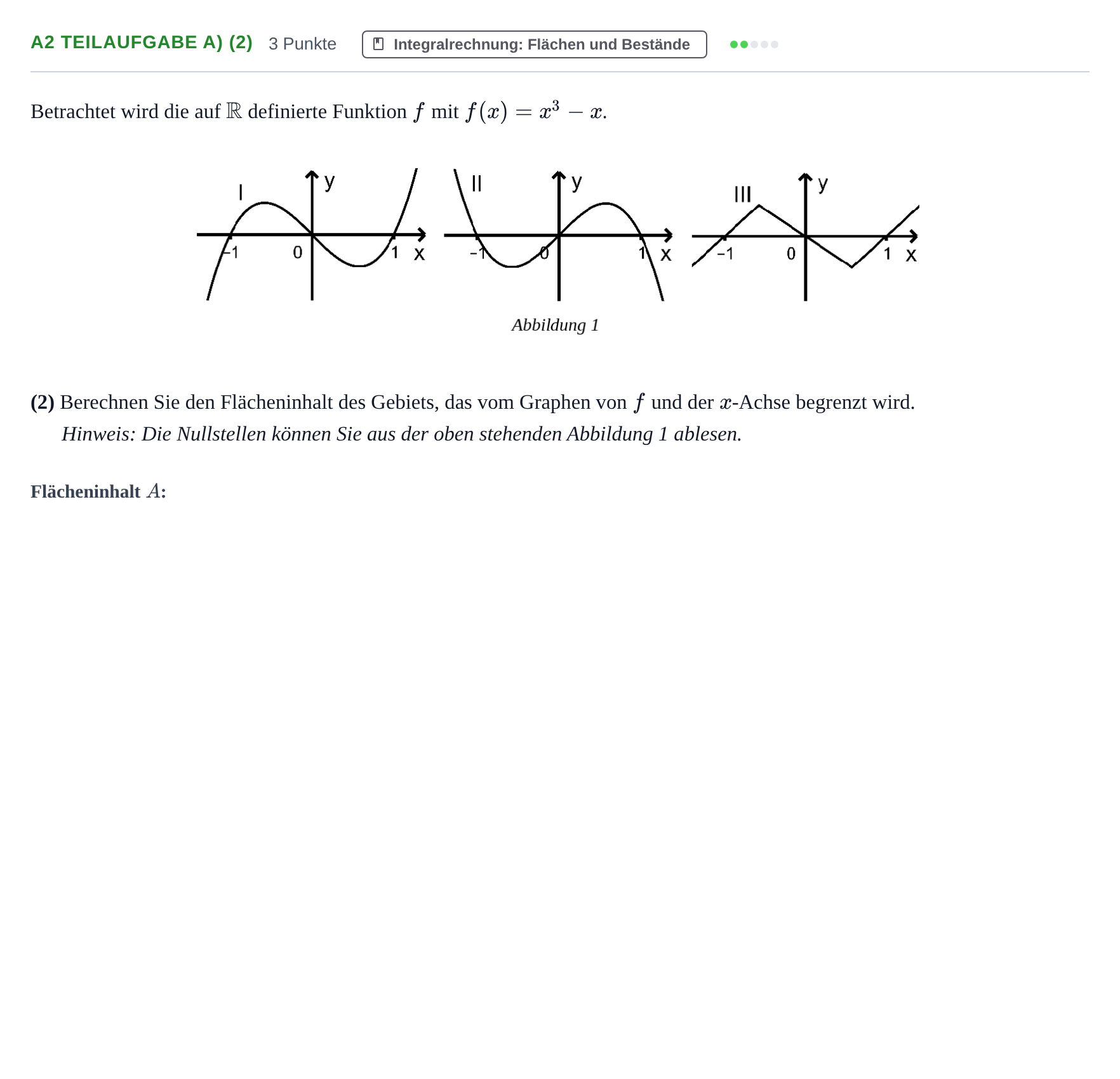 Aufgabenstellung: Aufgabe A2 Teilaufgabe a) (2) - Integralrechnung · Abitur NRW Mathematik GK · Haupttermin · CAS 2021