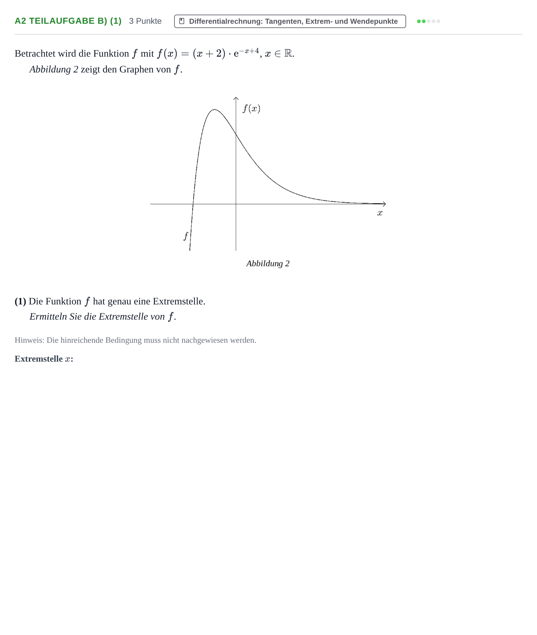 Aufgabenstellung: Aufgabe A2 Teilaufgabe b) (1) - Differentialrechnung · Abitur NRW Mathematik GK · Haupttermin · CAS 2021
